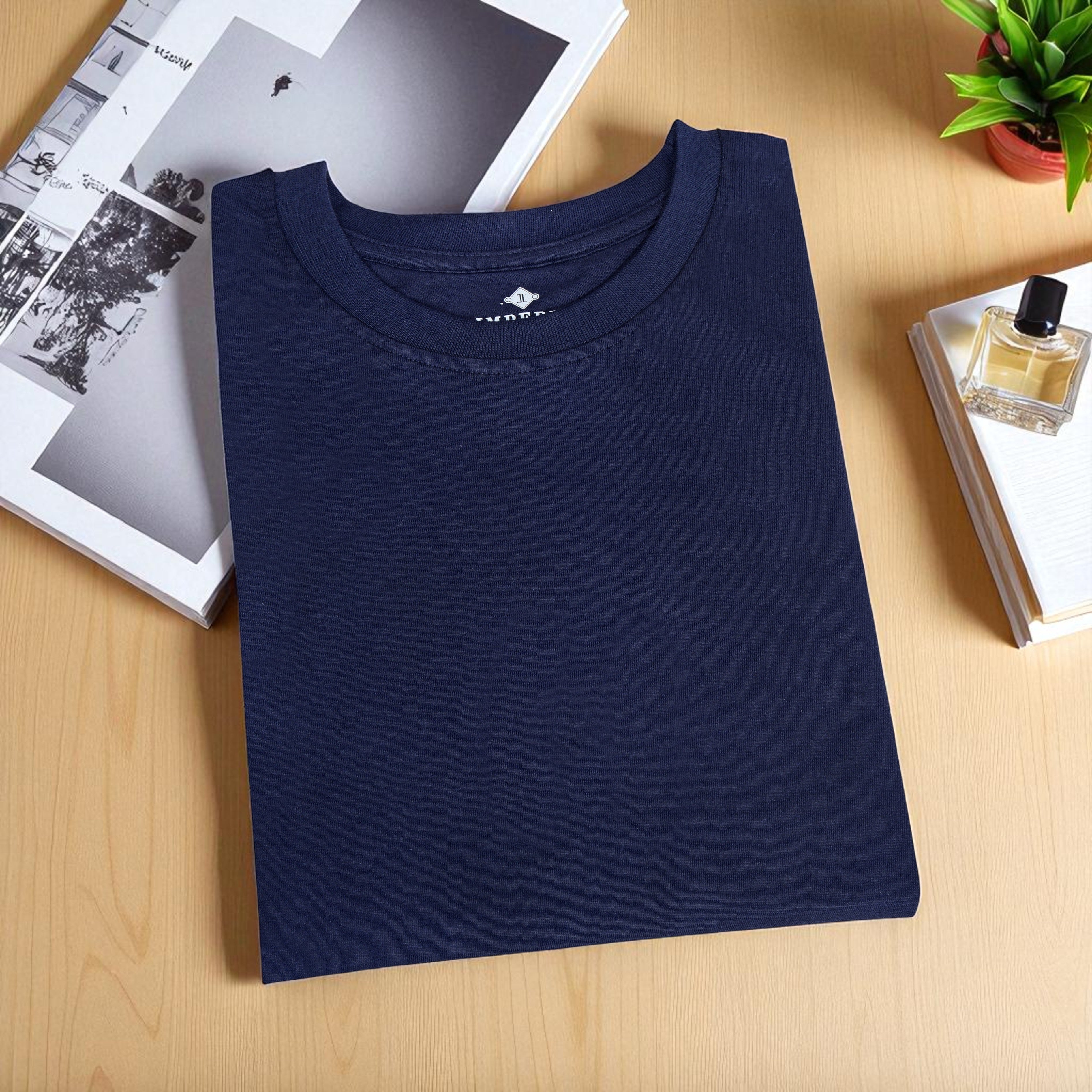 IMPERIO Men Navy Solid Round Neck T-Shirt | Pure Cotton, Casual Fit RN5019