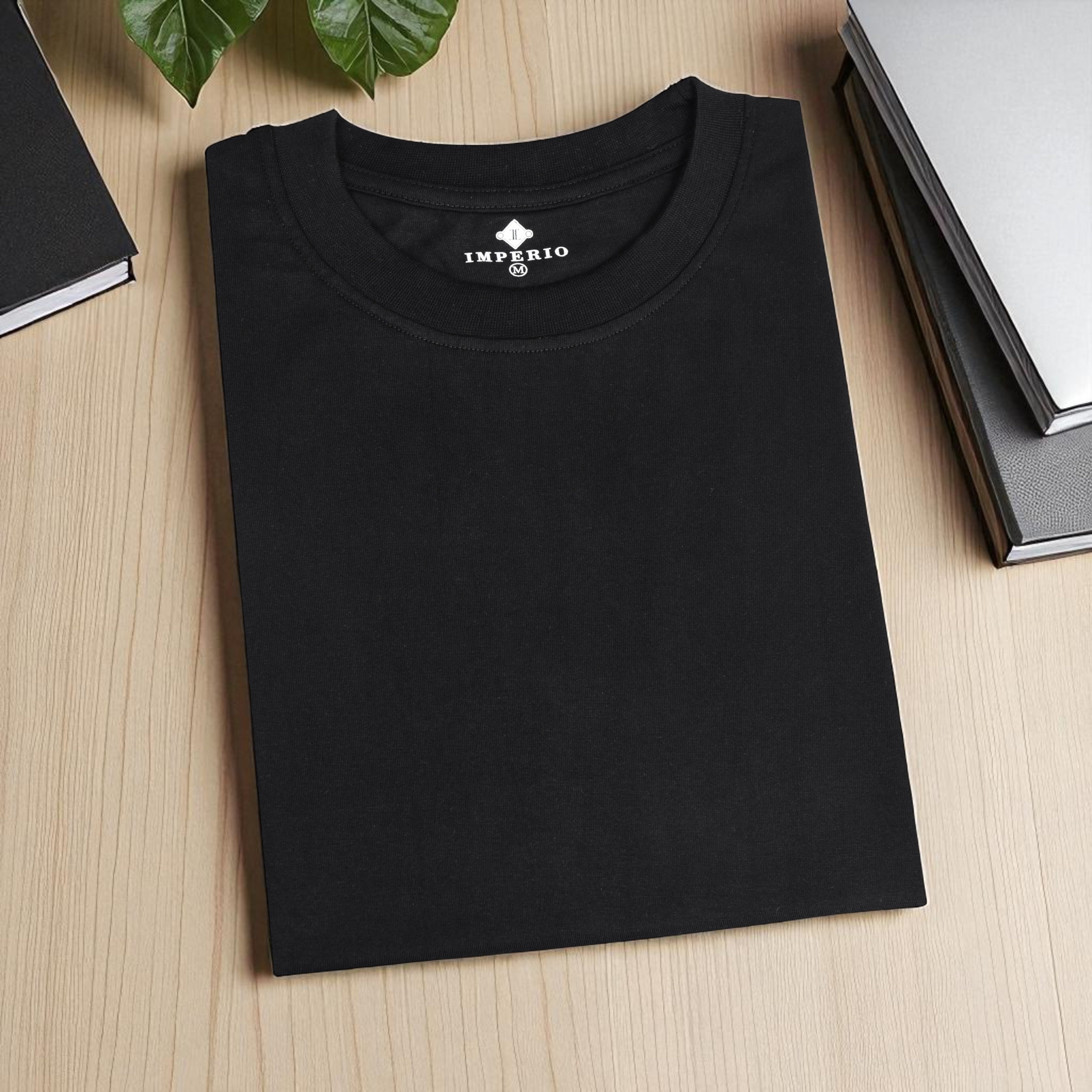 IMPERIO Men Black Solid Round Neck T-Shirt | Pure Cotton, Casual Fit RN5015
