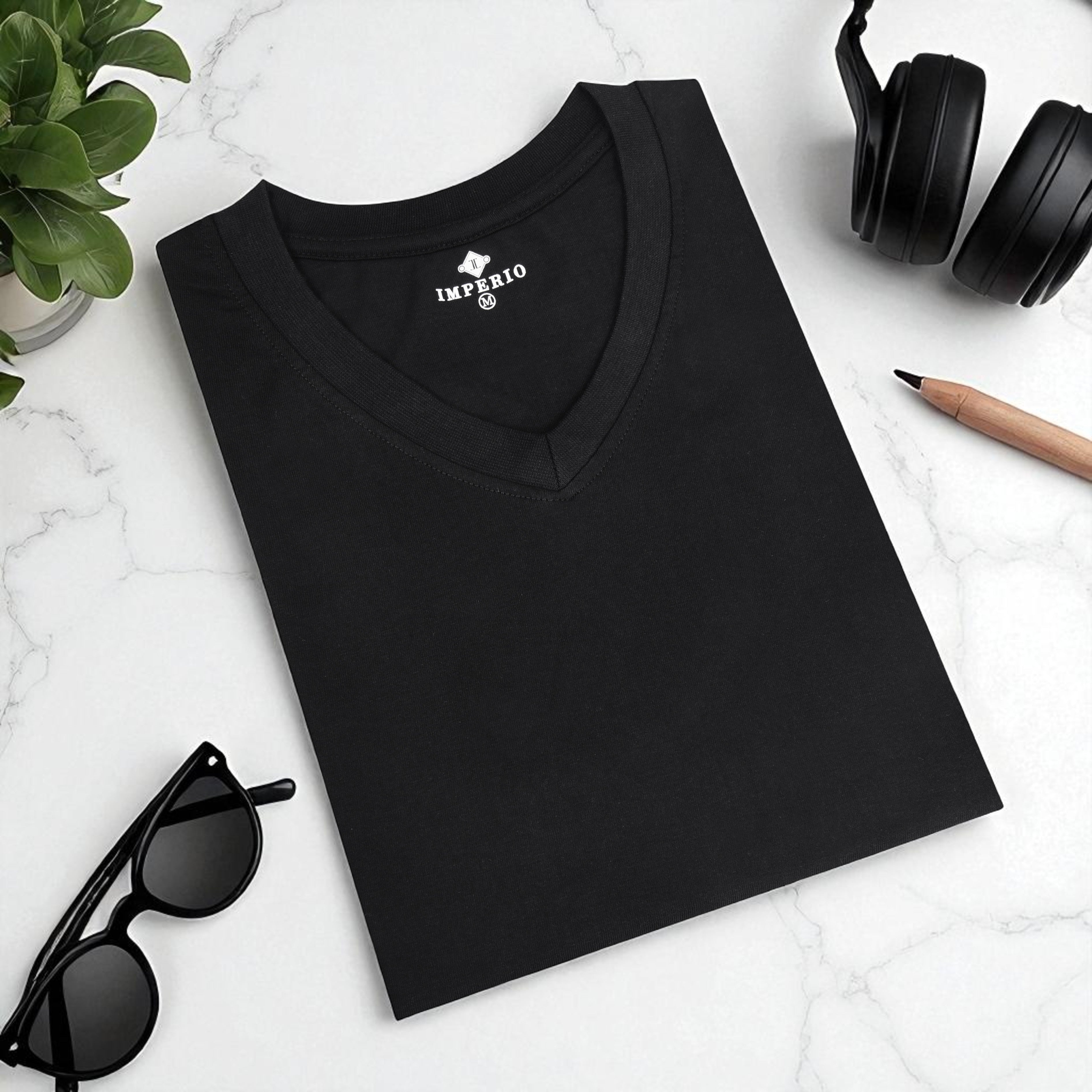 IMPERIO Men Black Solid V-Neck T-Shirt | Pure Cotton, Casual Fit VN5013