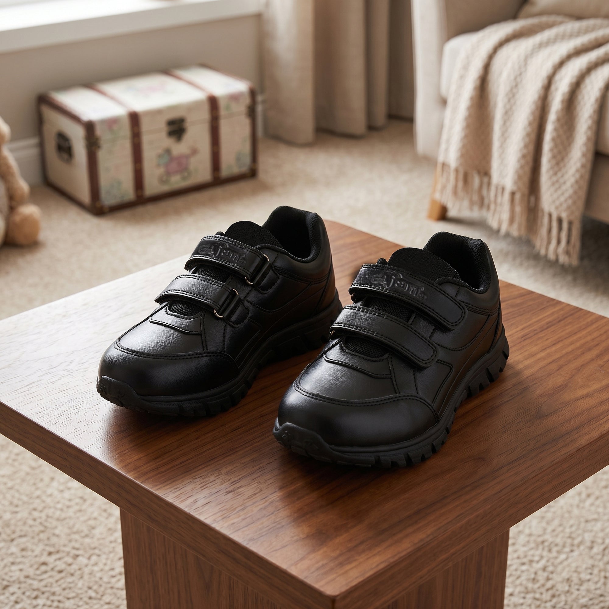 Premium Black School Shoes for Boys & Girls with Comfortable Double Velcro Closure and Strong Grip Sole