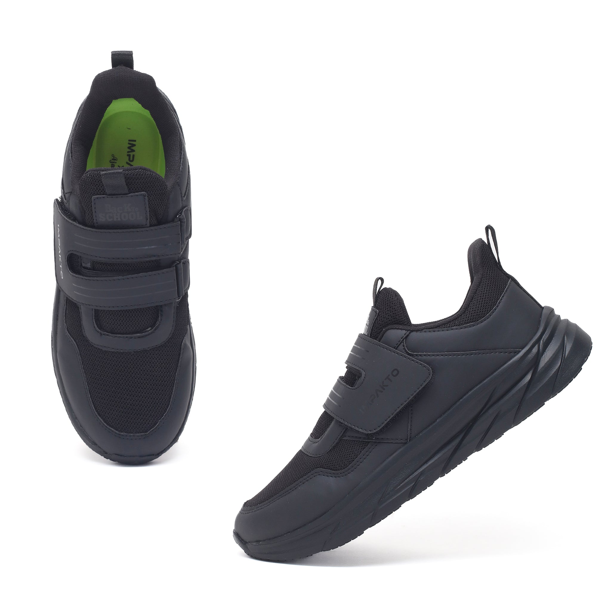 Impakto Study Soles Black Child/Kids/Adults Velcro Daily Use School Shoes, Soft Cushion, Dust proof upper, Soft padded in socks for all day comfort AS3219