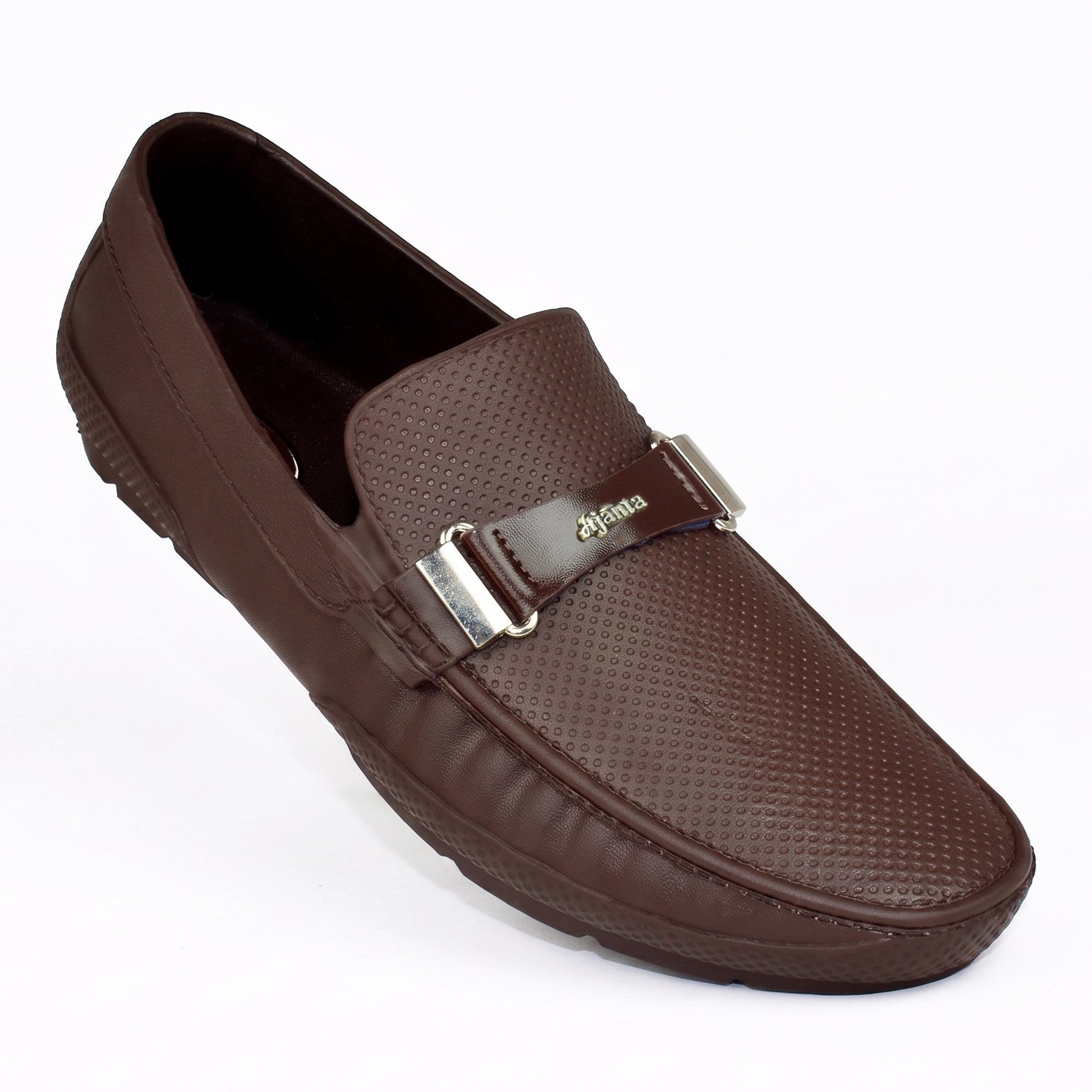 AJANTA PVC Loafers Monsoon Shoes for Men | Waterproof Slip Resistant Flexible Outsole | Lightweight Slip-On Embossed Metal Buckle Casual Rain Shoes for Office & Party Brown