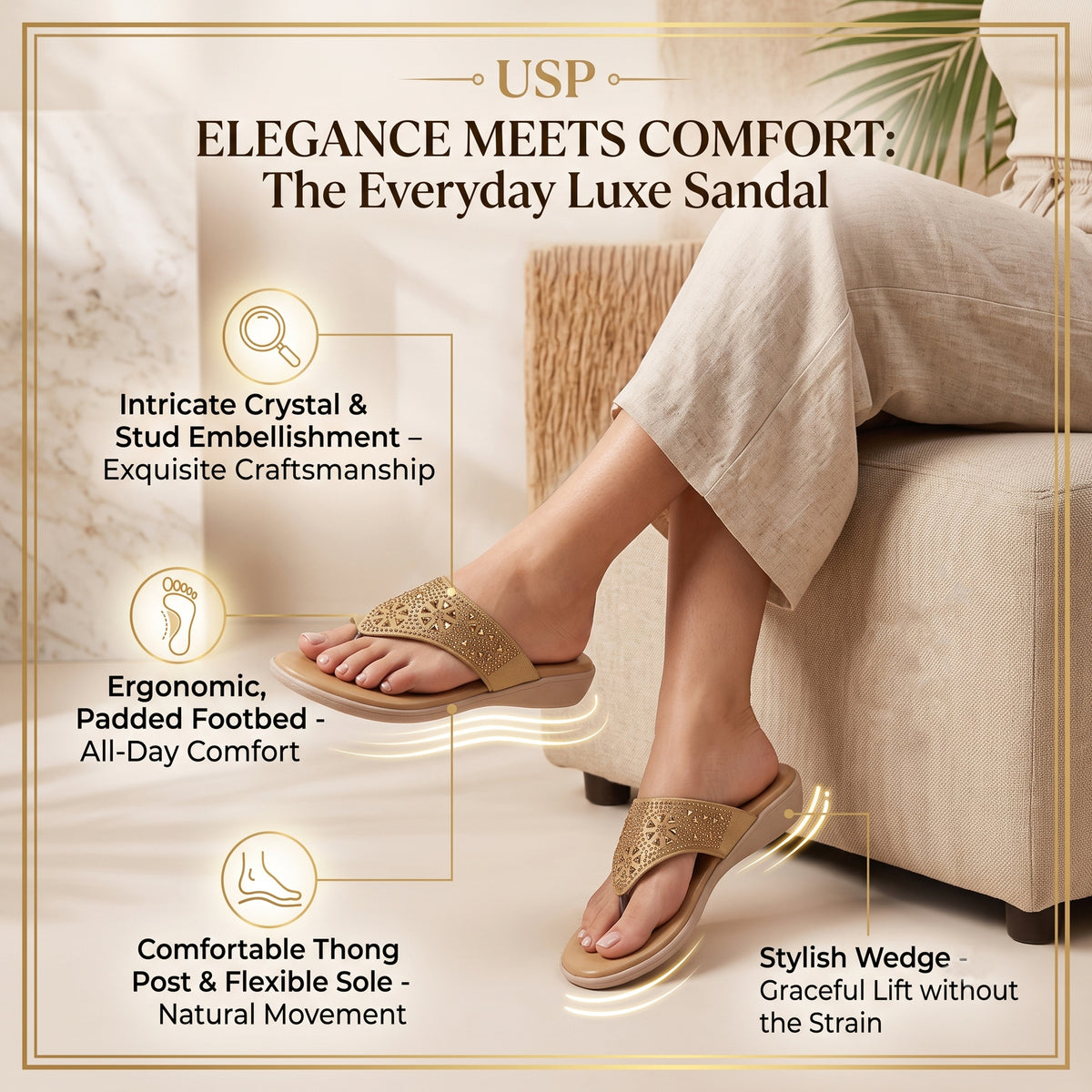 AJANTA Rhinestone Embellished Wedge Sandal for Women | Ladies Comfortable Sole Wedge Heel Sandal | Ethnic Toe Post Slip-On Casual Sandal | Lightweight Footwear For Party, Festive, Office, Outdoor