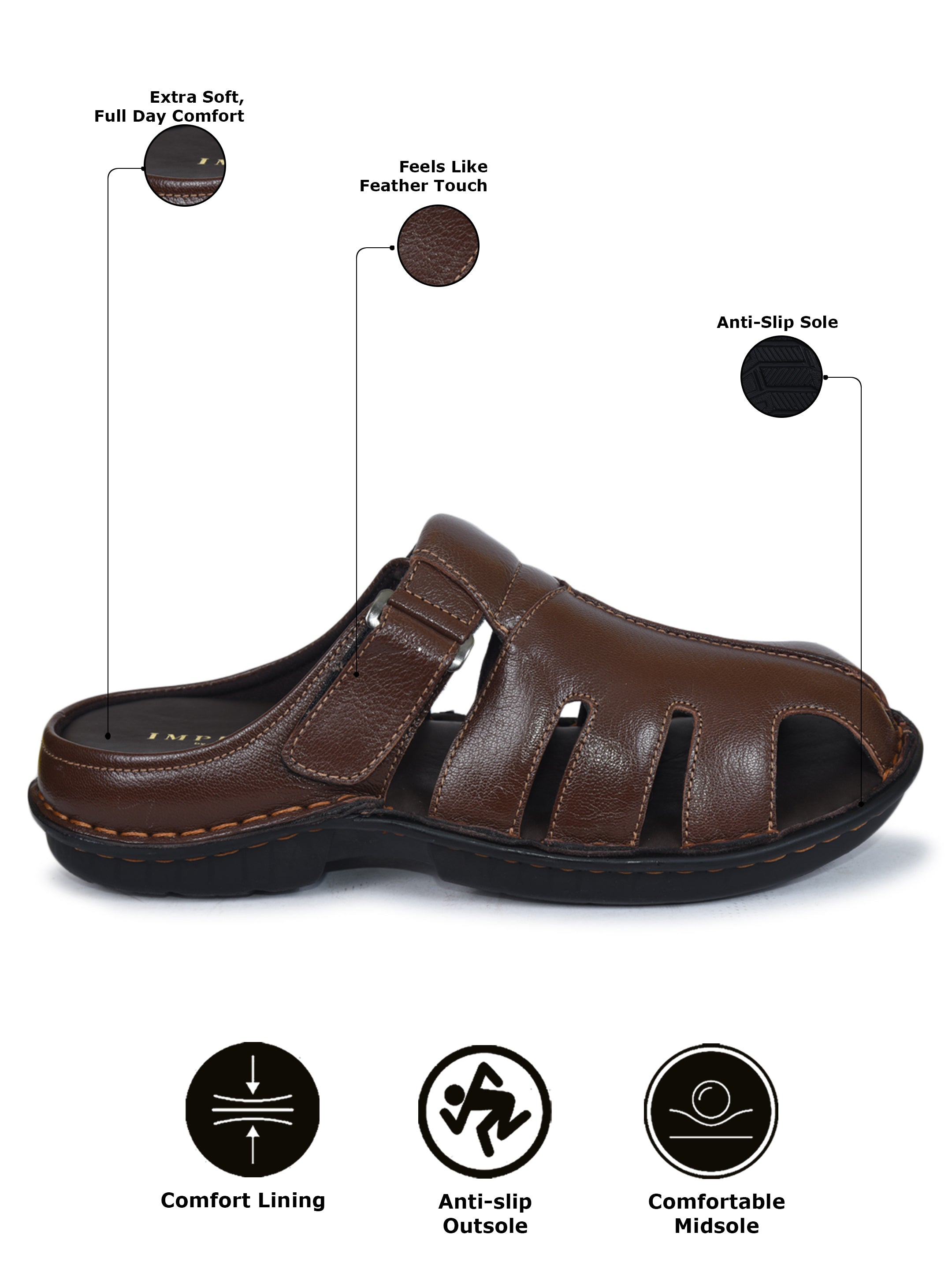 Imperio Brown Genuine Leather Cushioned Footbed Slip-on Sandal for Men with Buckle Styling EG3045