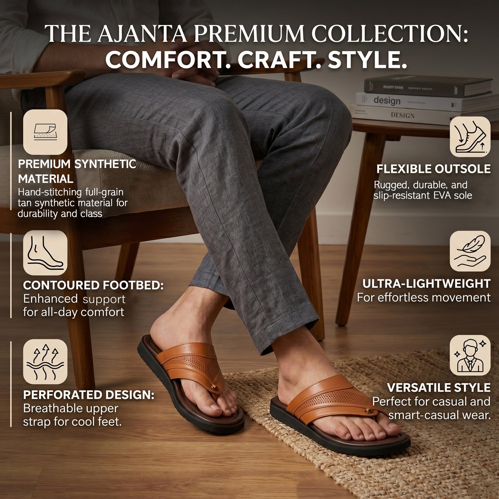 AJANTA Men Slip-On Sandals | Comfortable Lightweight Daily Wear (Tan)