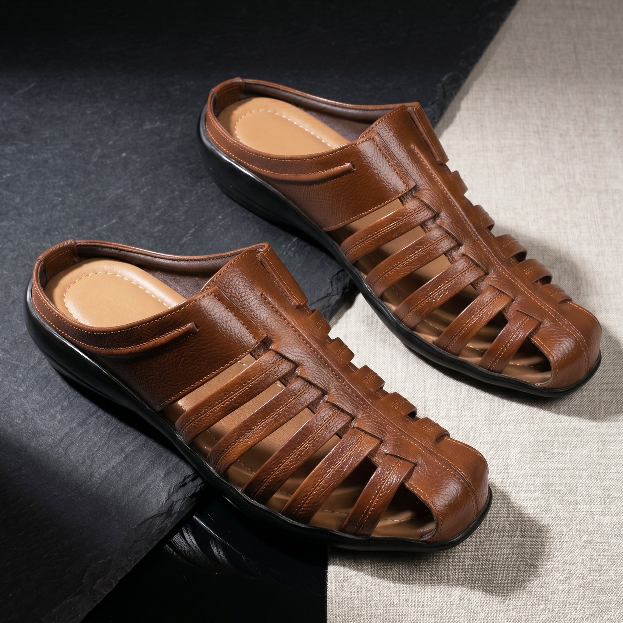 AJANTA Men's Premium Fisherman Sandals | Closed Toe Slip-On Casual Sandals | Lightweight Anti-Skid Comfortable, Breathable, Cushioned Grip Insole & Flexible Walking Sandals | Back Open Leather Look Daily Wear Office, Travel, Outdoor & Ethnic Puja Footwear
