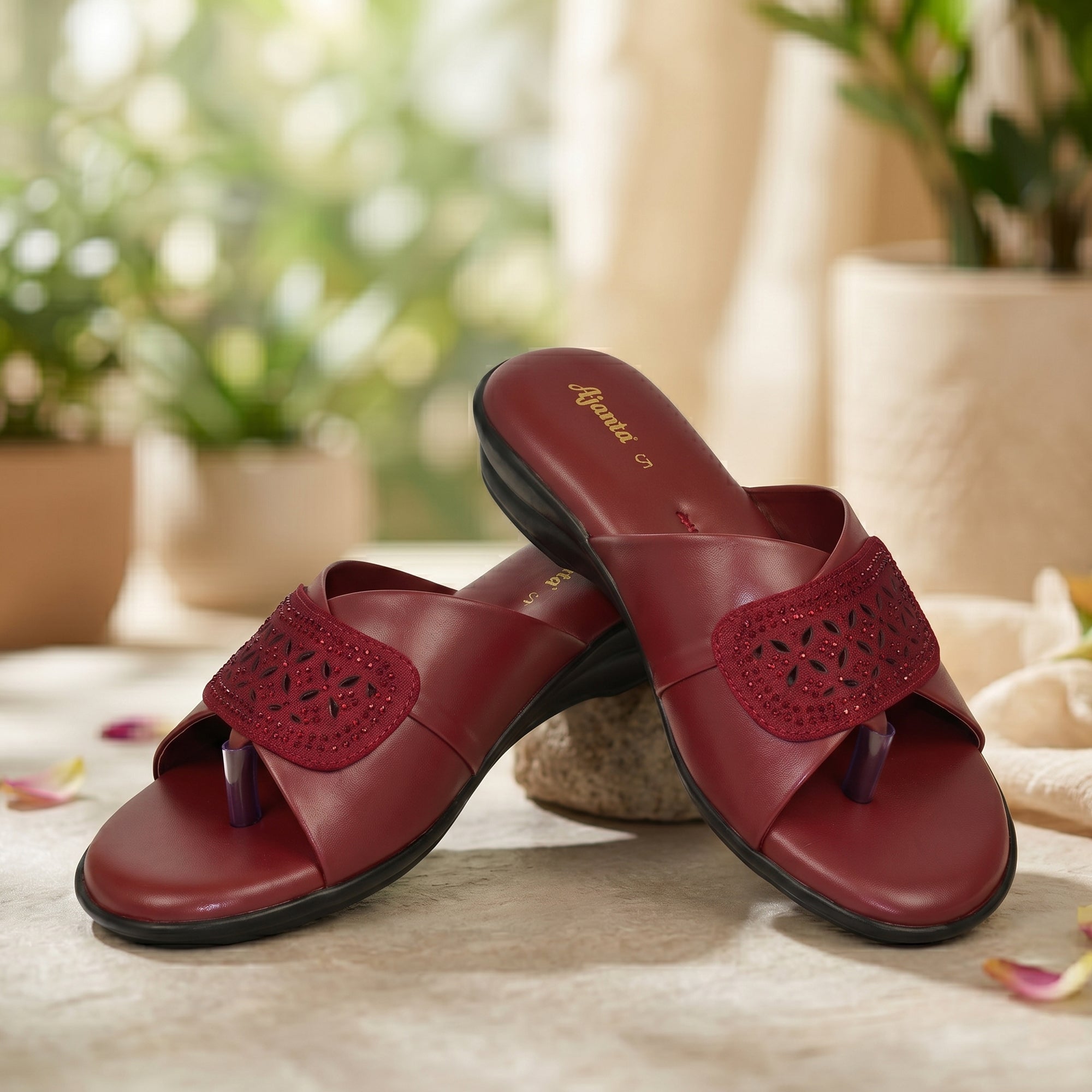 AJANTA Women's Stylish Toe Ring Rhinestone Embellished Cross Strap Sandals | Lightweight Slip-On Flat Sandals with Extra Soft Cushioned Footbed & Anti-Skid Sole | Casual, Office, College, Party, Wedding, Puja & Occassional Wear