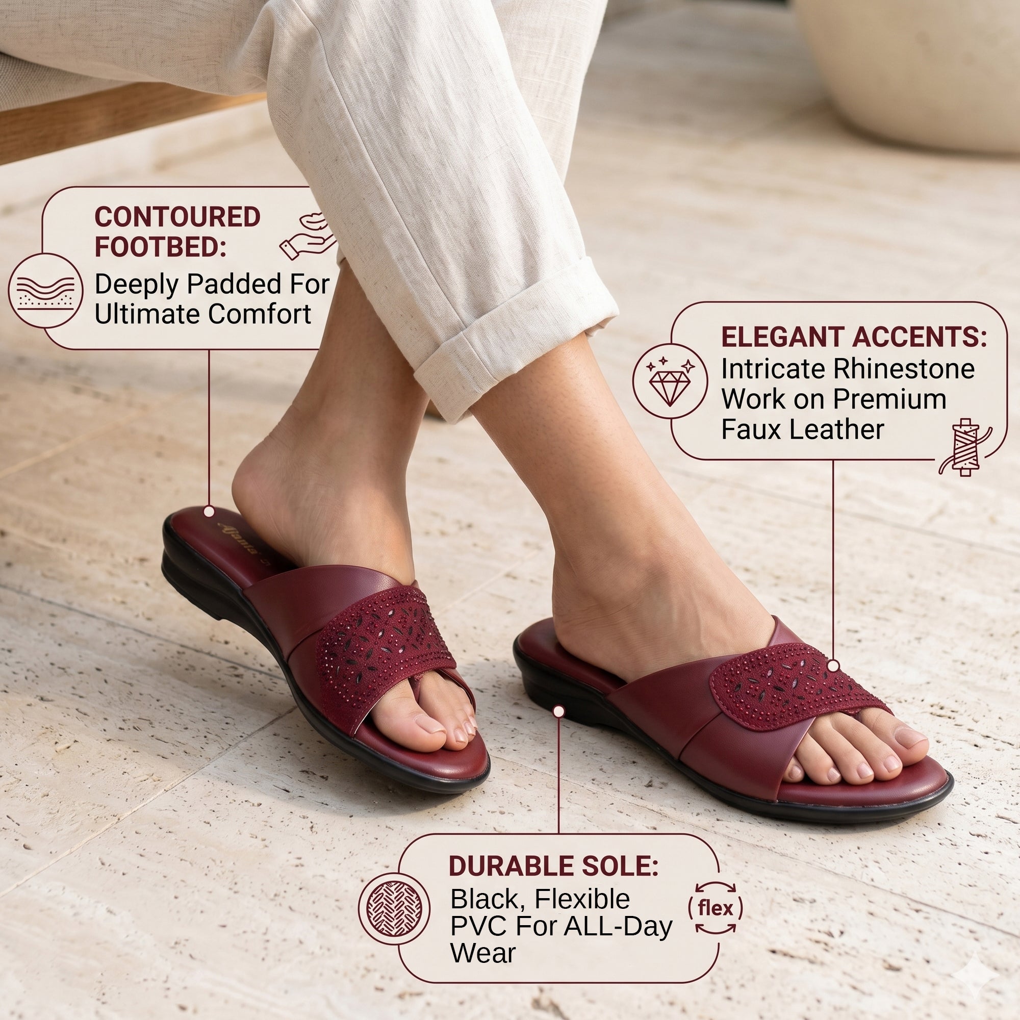 AJANTA Women's Stylish Toe Ring Rhinestone Embellished Cross Strap Sandals | Lightweight Slip-On Flat Sandals with Extra Soft Cushioned Footbed & Anti-Skid Sole | Casual, Office, College, Party, Wedding, Puja & Occassional Wear