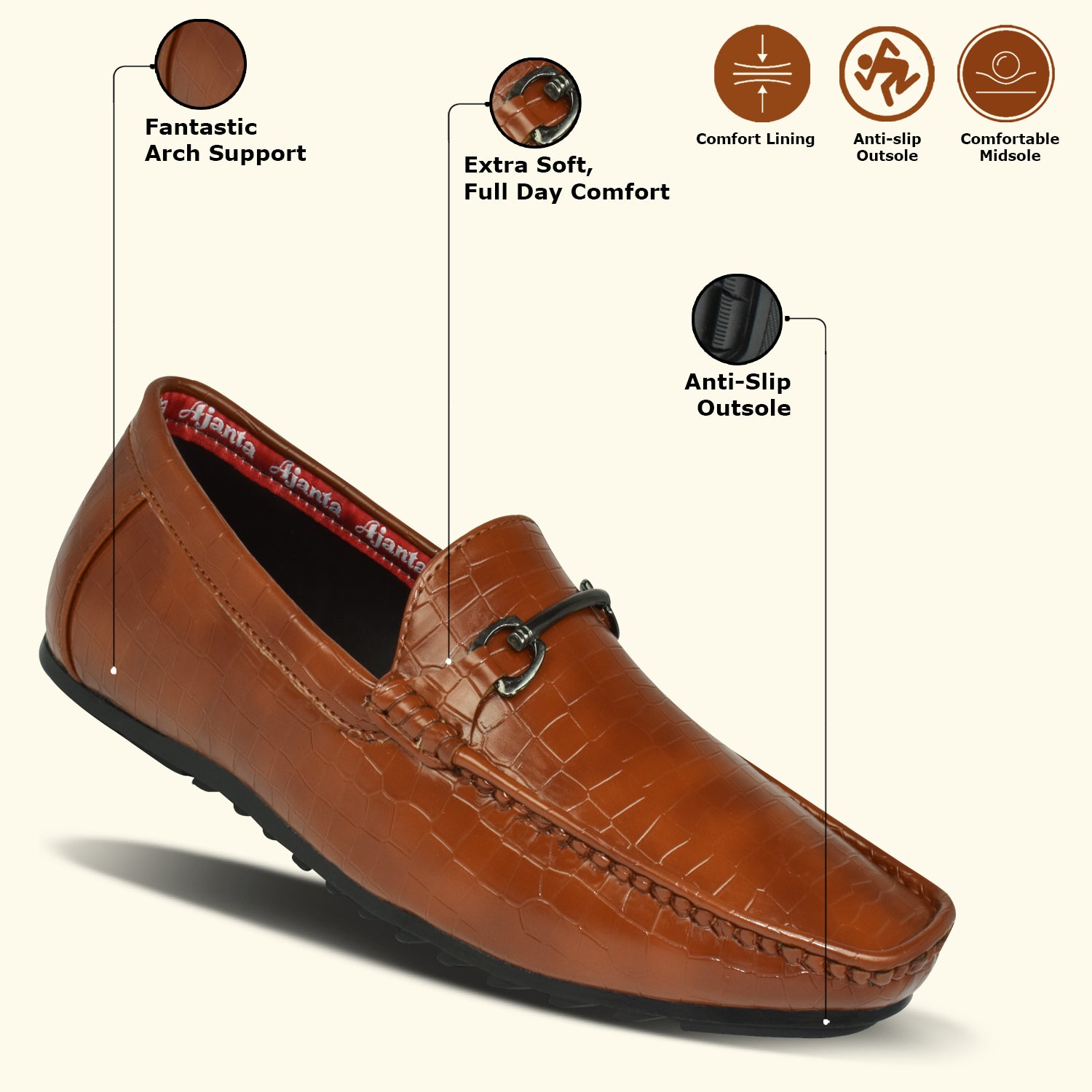 AJANTA Tan Loafers For Men| Soft Cushioned Insole | Slip-On Shoes for Casual, Office & Everyday Wear EG4022