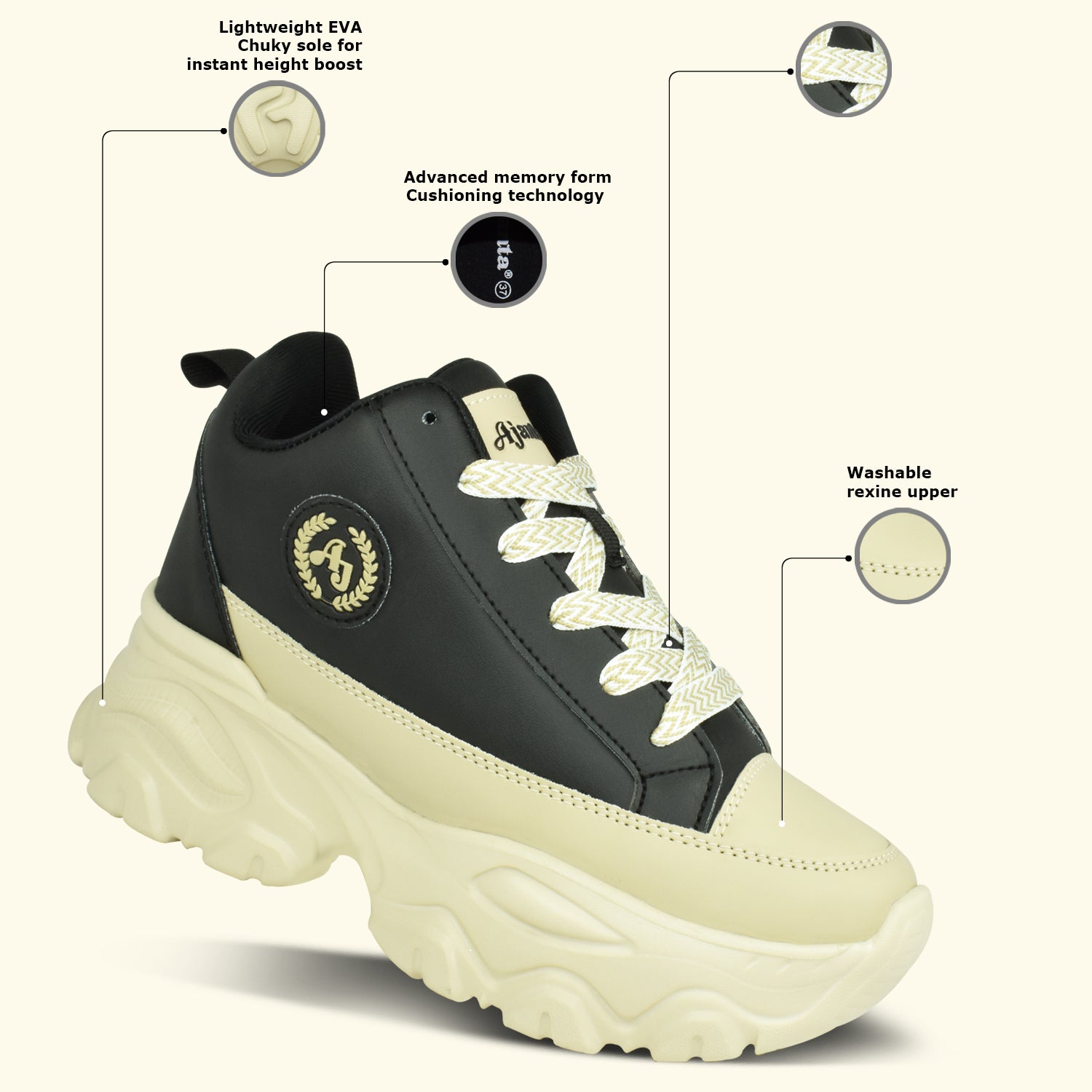 AJANTA Women Bold Black Lightning Chunky Sneakers | Stylish,Lightweight,Comfortable,Trendy Streetwear Sneakers EL5045