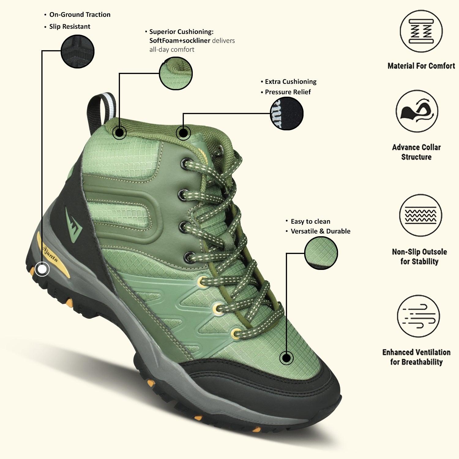 AJANTA Terra Trek Outdoor Hiking Shoes With Superior Grip & Comfort | Lightweight & Sturdy Boots EG1054
