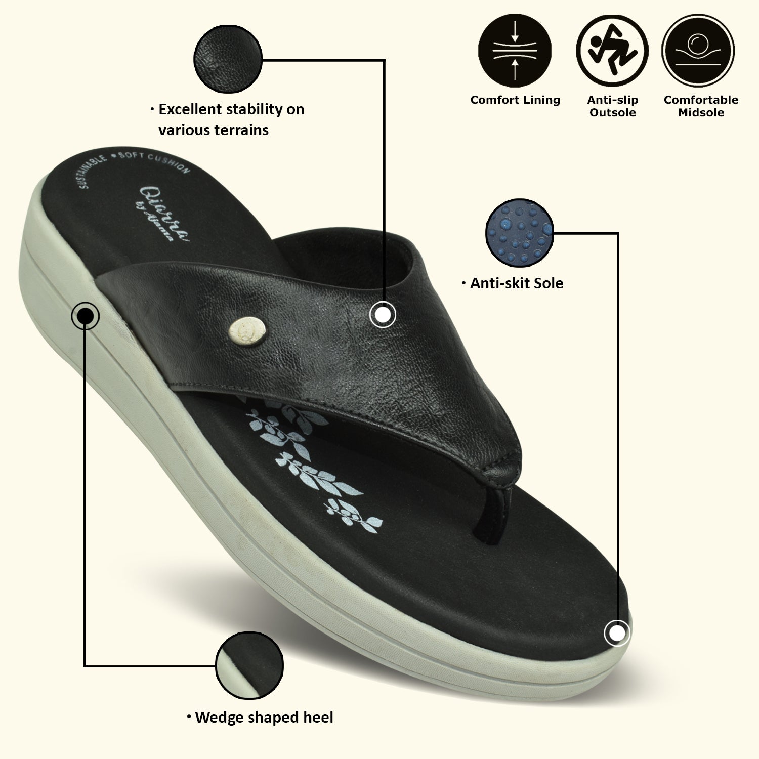 Qiarra Black Thong Style Floral Printed Cushioned Footbed Sandal for Women EL1059