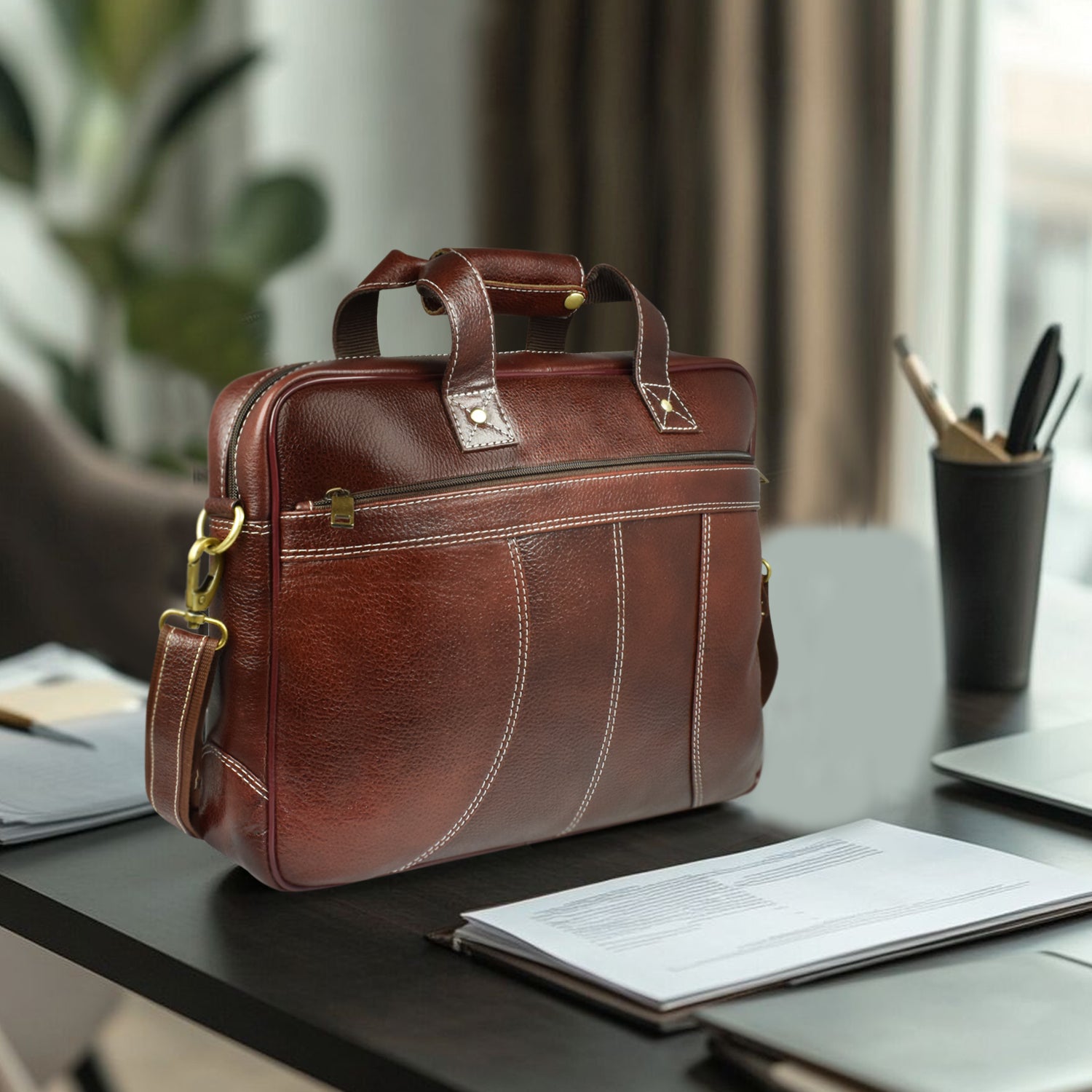 AJANTA 15-Inch Premium Leather Laptop Messenger Bag, Durable Office Briefcase with Adjustable Shoulder Strap for Men JB5003