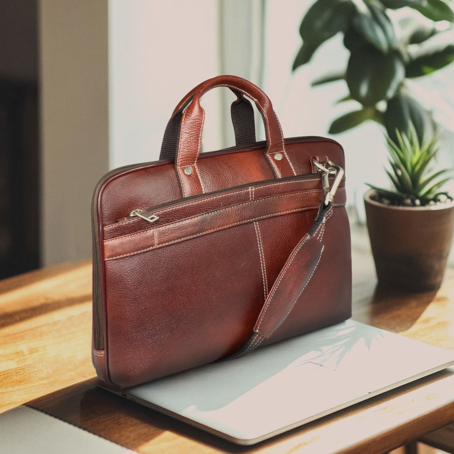 AJANTA 14.5-Inch Premium Leather Laptop Messenger Bag, Durable Office Briefcase with Adjustable Shoulder Strap for Men JB5001