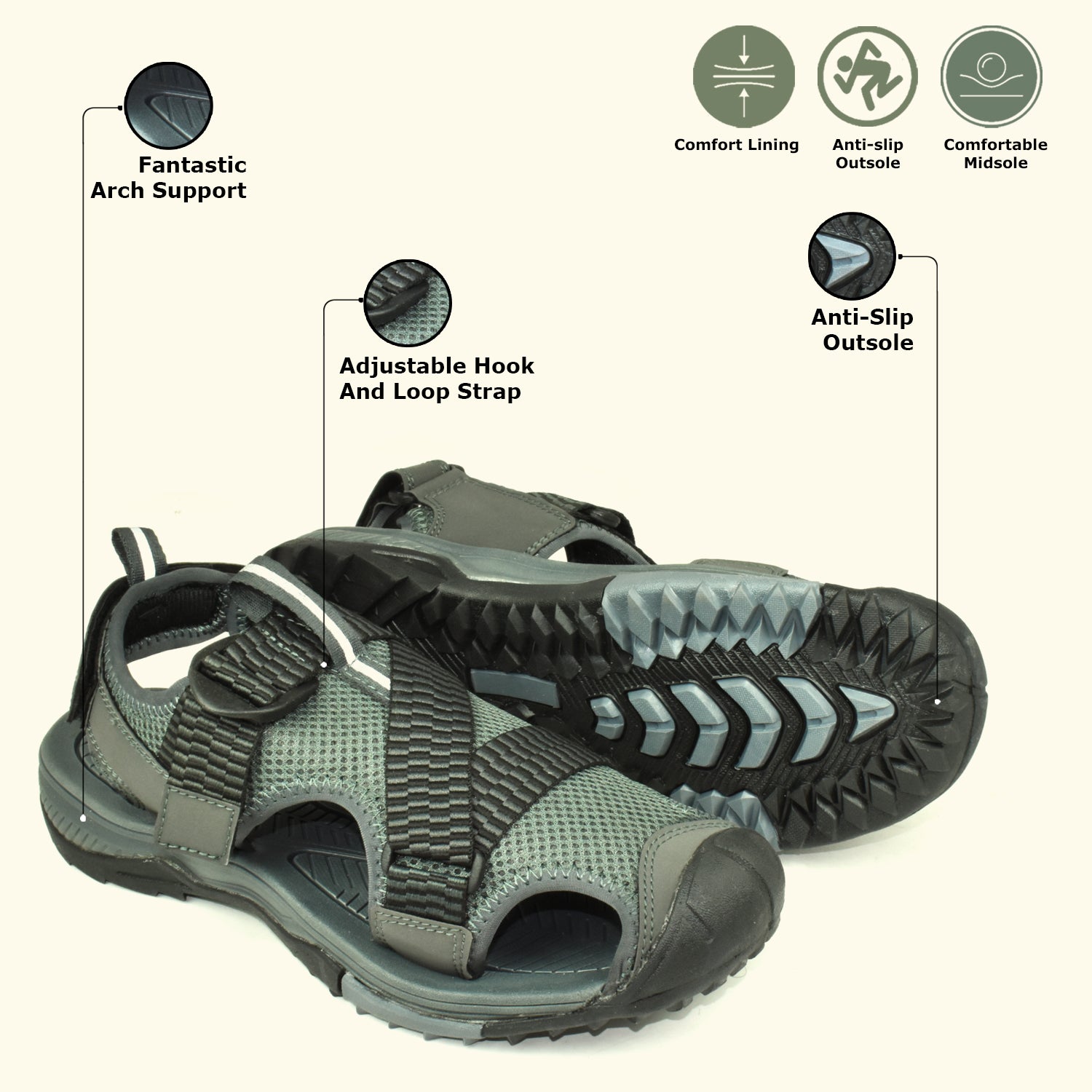 AJANTA Men’s Grey Durable & Comfortable Cushioned Footbed Sports Sandal with Velcro Closure EG2018