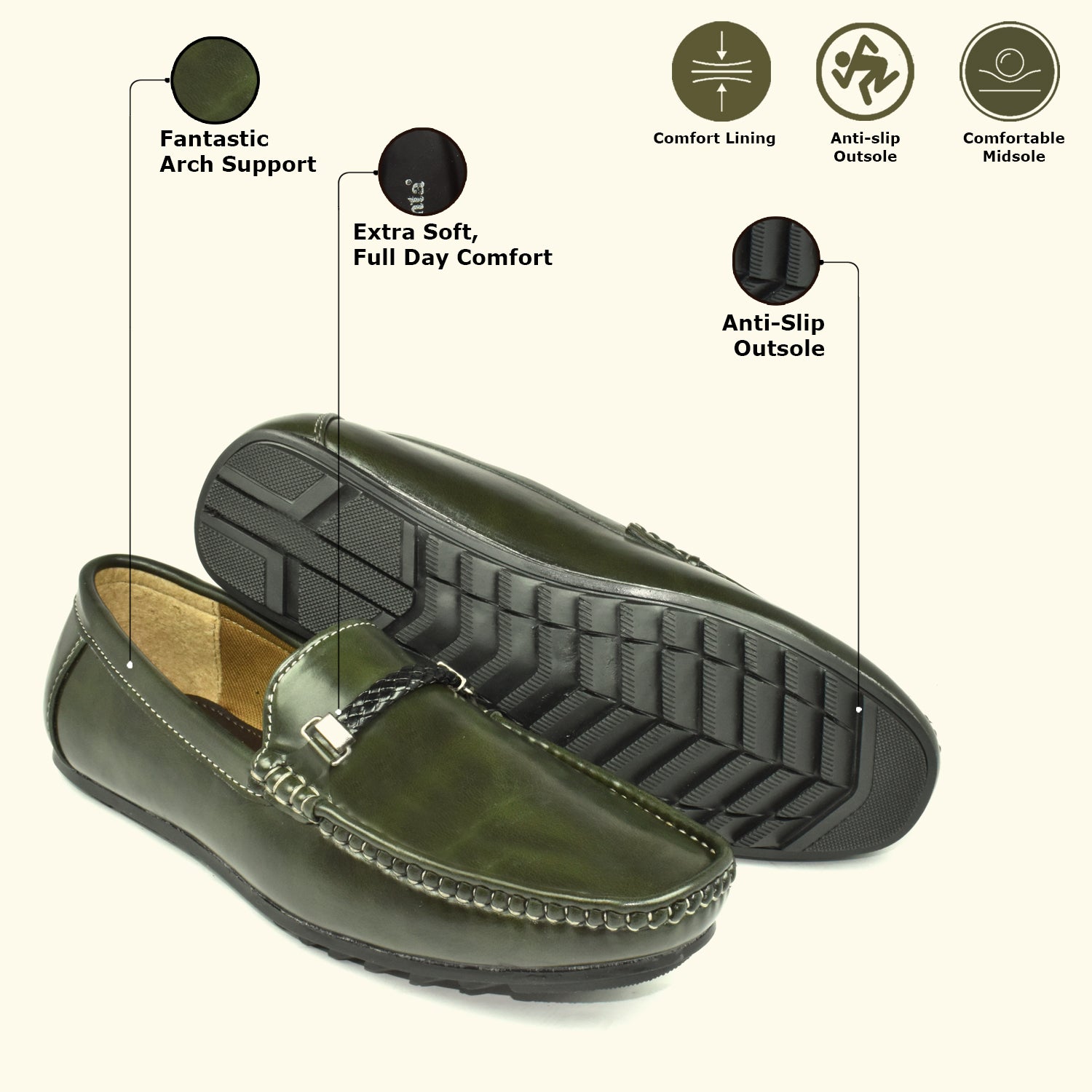 AJANTA Olve Green Loafers For Men| Soft Cushioned Insole | Slip-On Shoes for Casual, Office & Everyday Wear EG4023