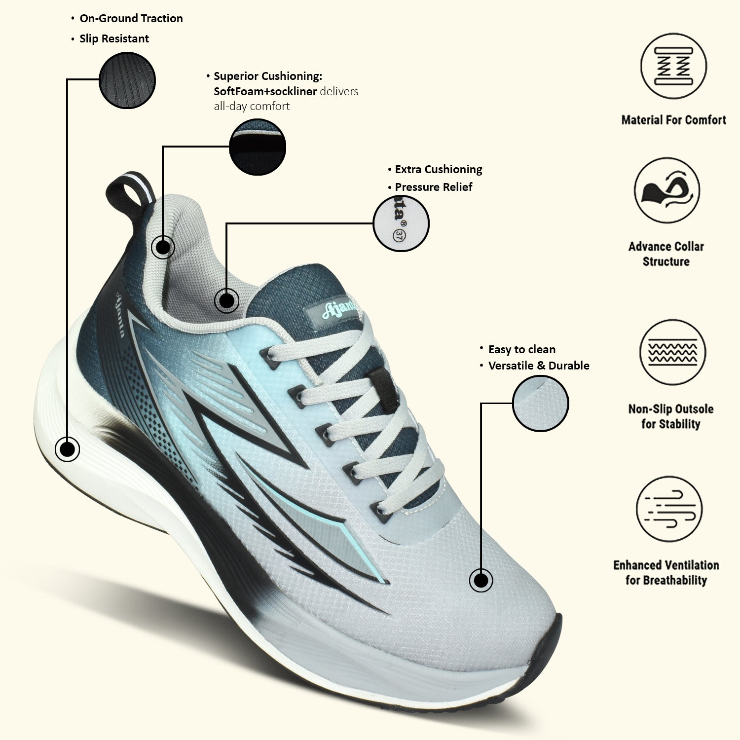 AJANTA AeroFlow Sports Shoes | Lightweight |Anti-Slip Grip |Fitness Shoes for Training & Outdoor EG1034