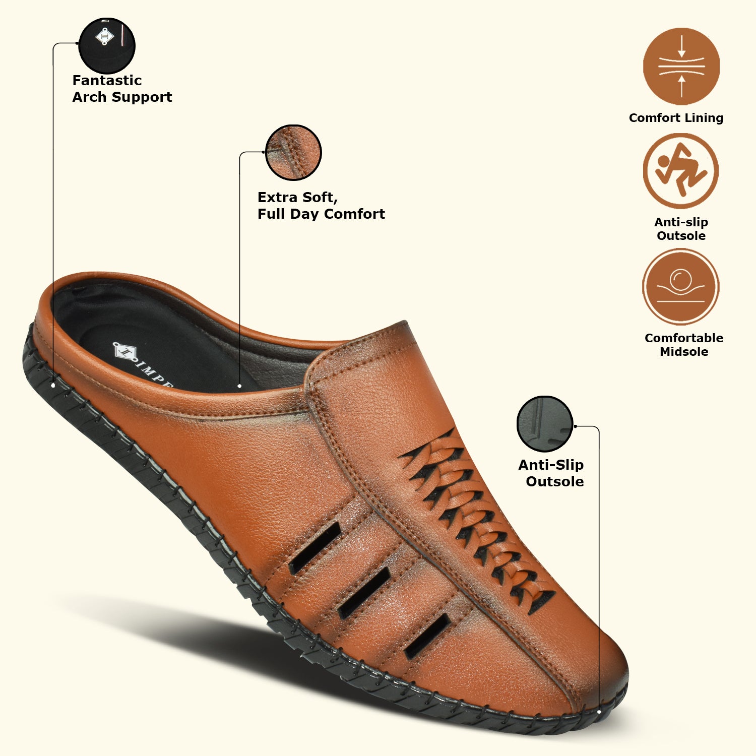 IMPERIO Men’s Tan Lightweight & Easy to Wear Cushioned Footbed Laser Cut Open Back Mules EG3038