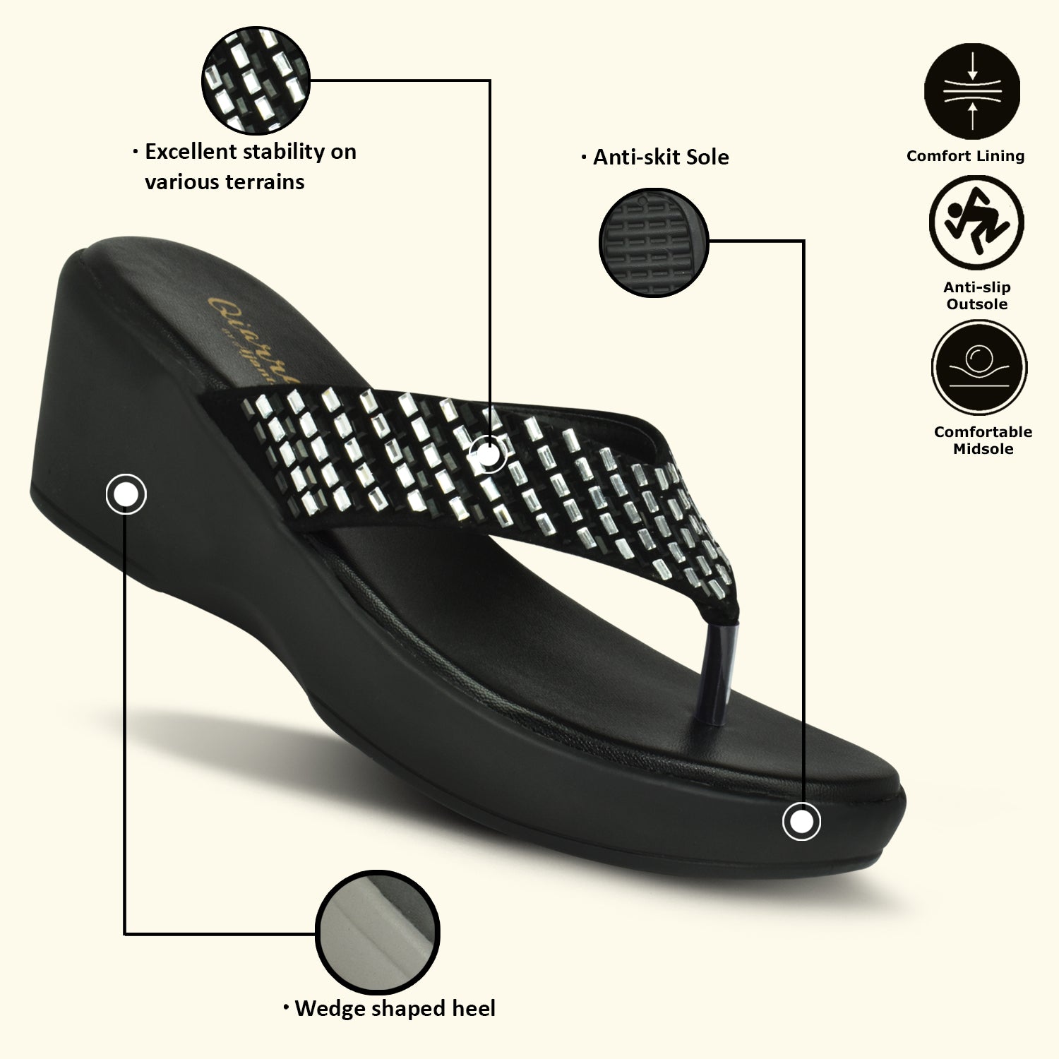 QIARRA Women's Shimmer Open Toe Comfortable Wedge Heel Fashion Sandals for Casual, Outdoor and Party