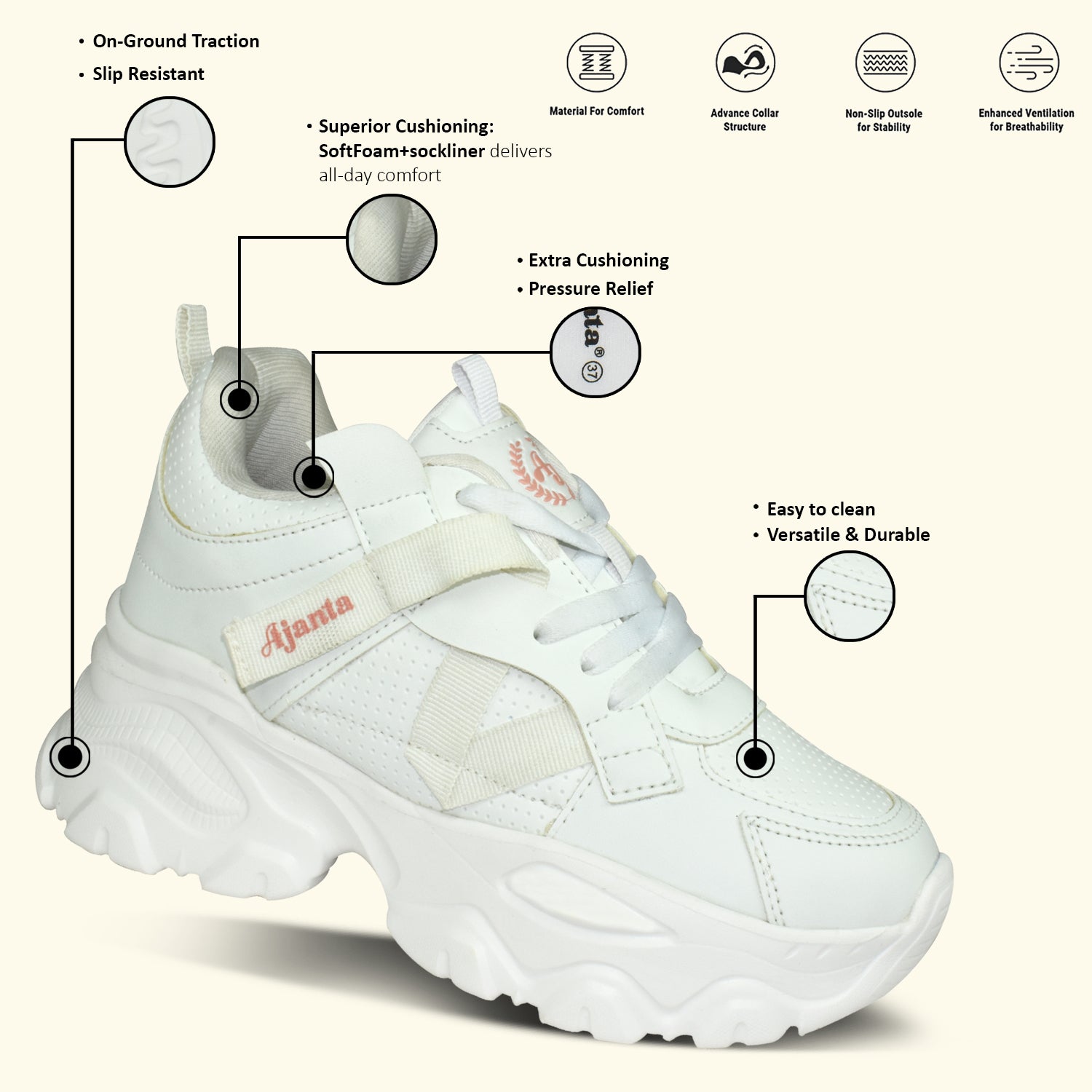 AJANTA Women White Lightning Chunky Sneakers | Stylish|Lightweight|Comfortable|Trendy Streetwear Sneakers EL5047