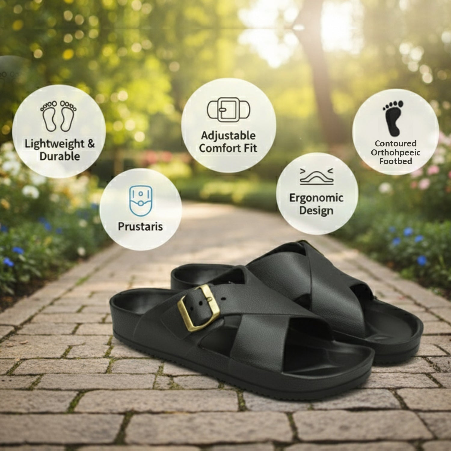 Ajanta Men’s Adjustable Buckle Slippers – Lightweight EVA Molded Orthopedic Slip-Ons for All-Day Comfort (Blue & Black)