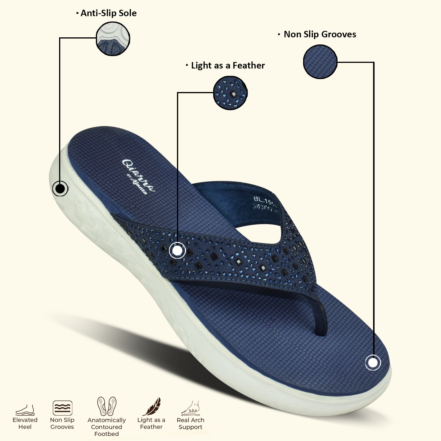 QIARRA V- Strap, Embellished, Comfort, Slip-On Casual Sandals for Women BL1555