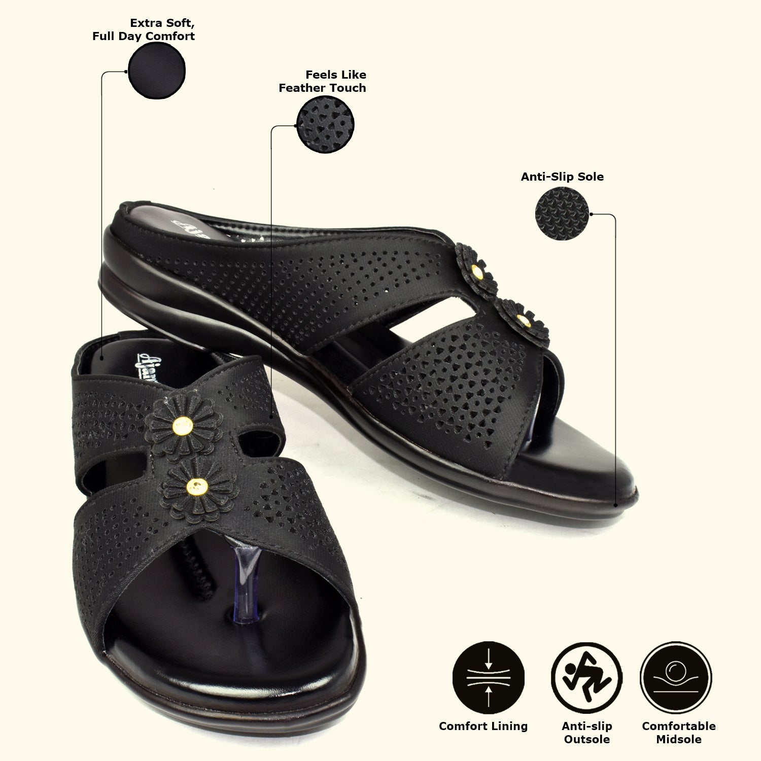 Ajanta Black Laser Cut Floral Upper Slip-on Flat Sandal for Women EL3025