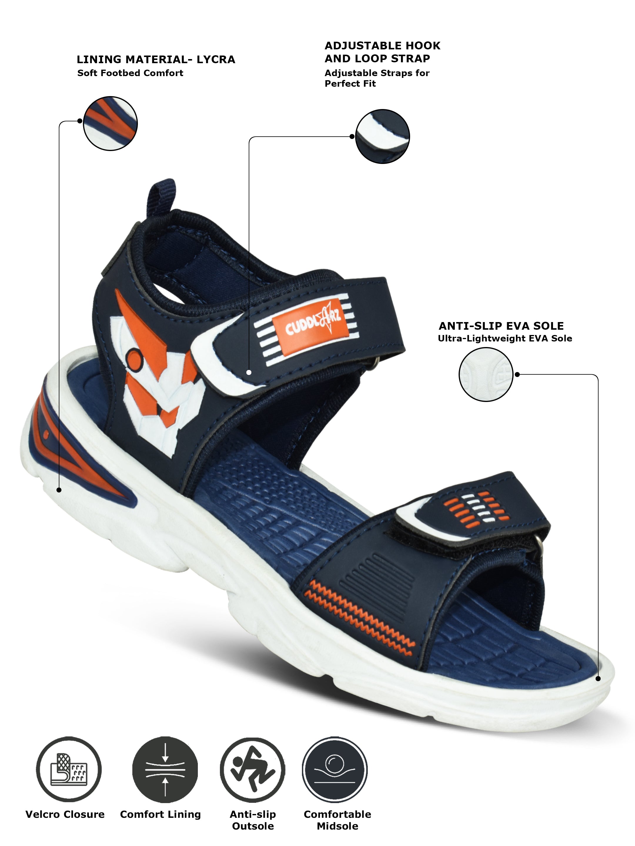 AJANTA Boys' Navy Sandals | Lightweight Synthetic Upper | Durable EVA Sole | Comfortable Velcro Sandals EK3006