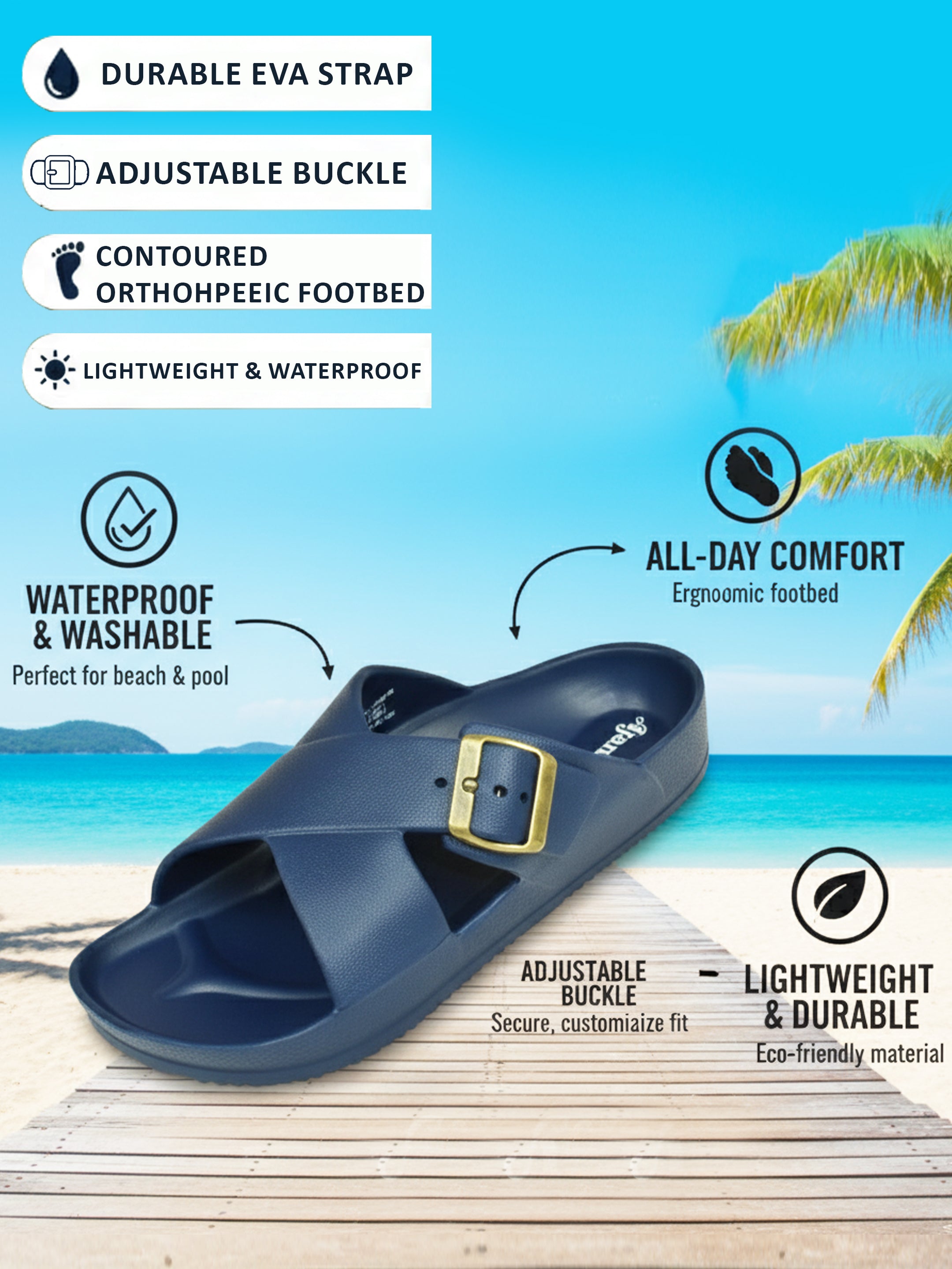 Ajanta Men’s Adjustable Buckle Slippers – Lightweight EVA Molded Orthopedic Slip-Ons for All-Day Comfort (Blue)-EG3048