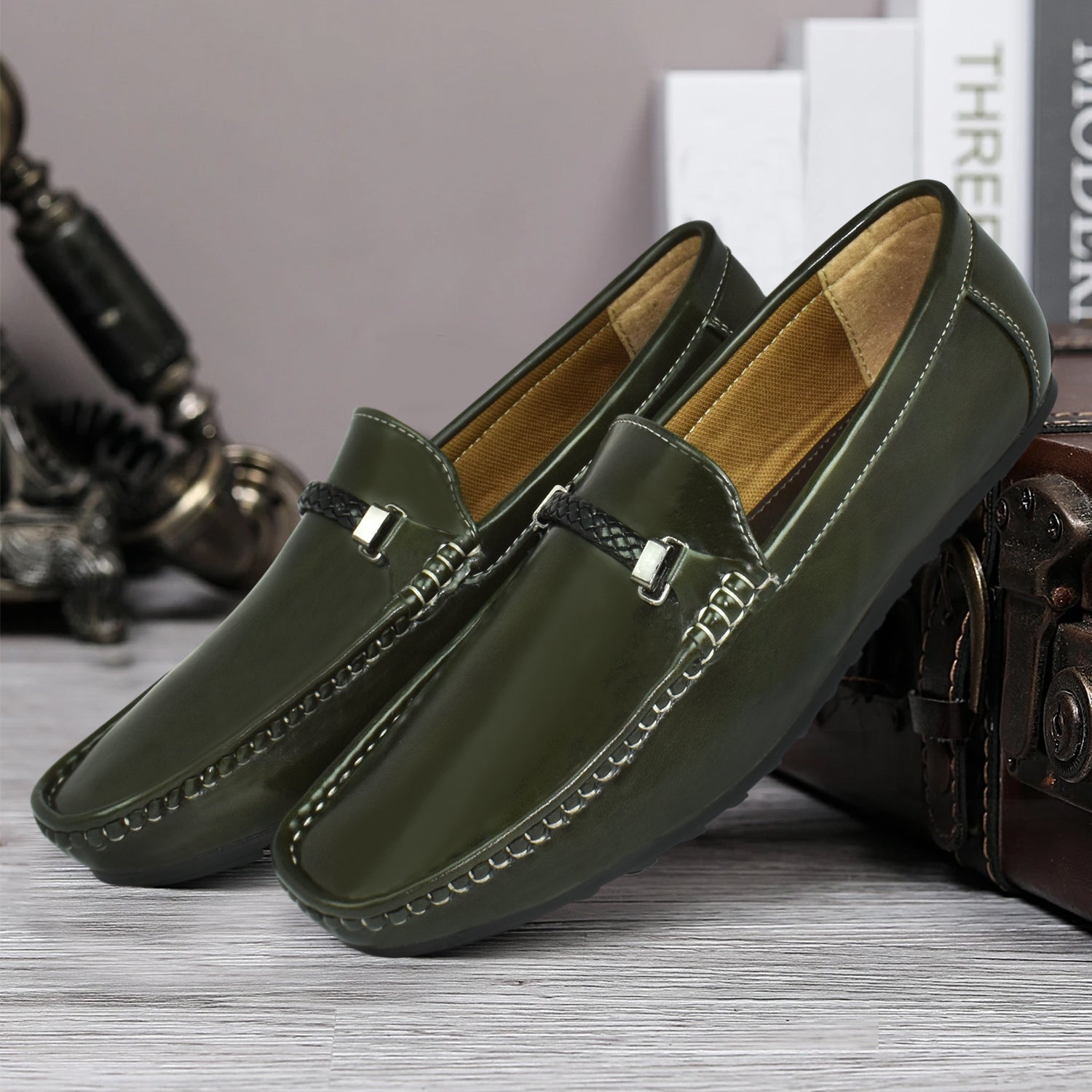 AJANTA Olve Green Loafers For Men| Soft Cushioned Insole | Slip-On Shoes for Casual, Office & Everyday Wear EG4023