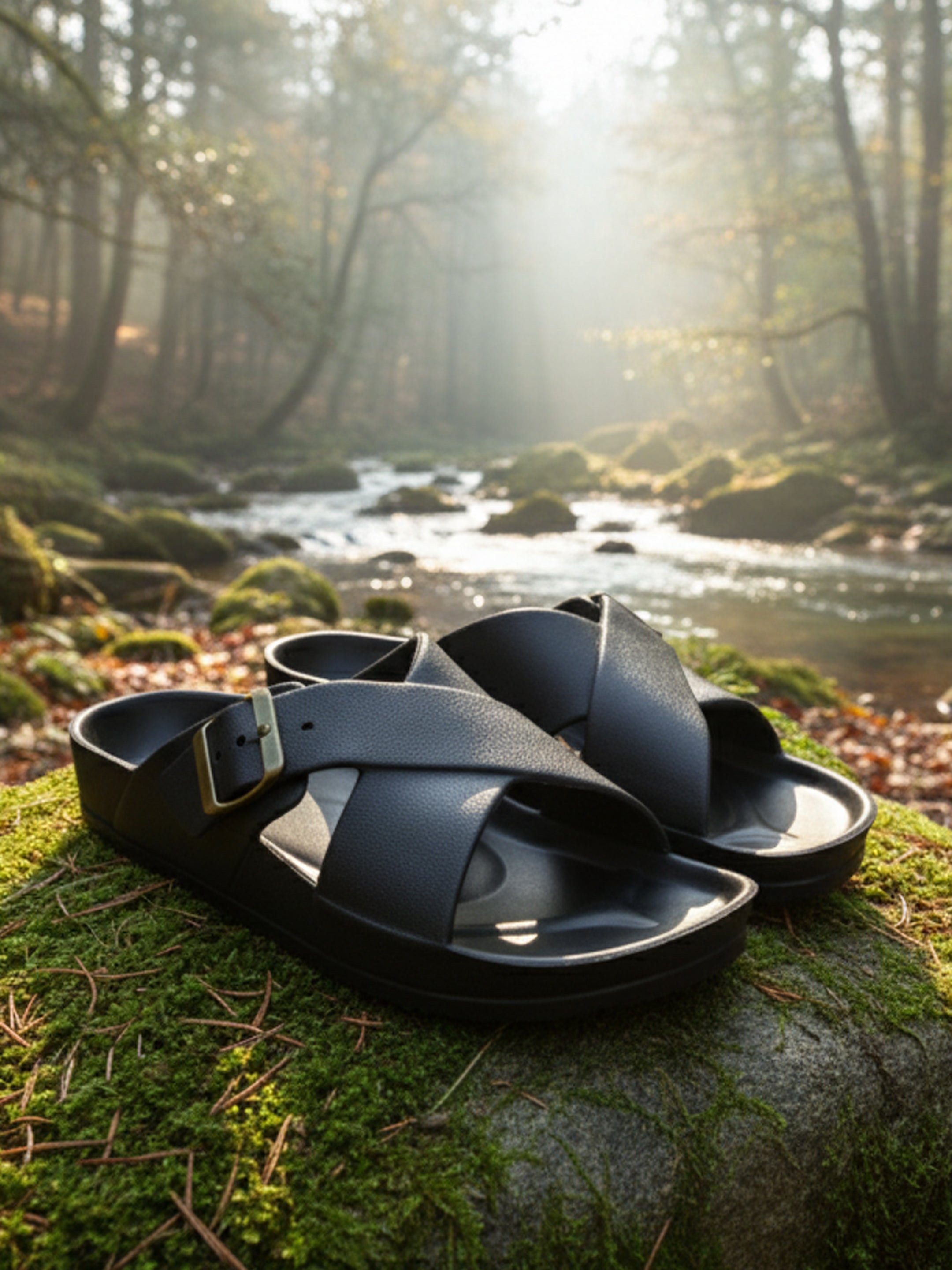 Ajanta Men’s Adjustable Buckle Slippers – Lightweight EVA Molded Orthopedic Slip-Ons for All-Day Comfort (Black)-EG3047