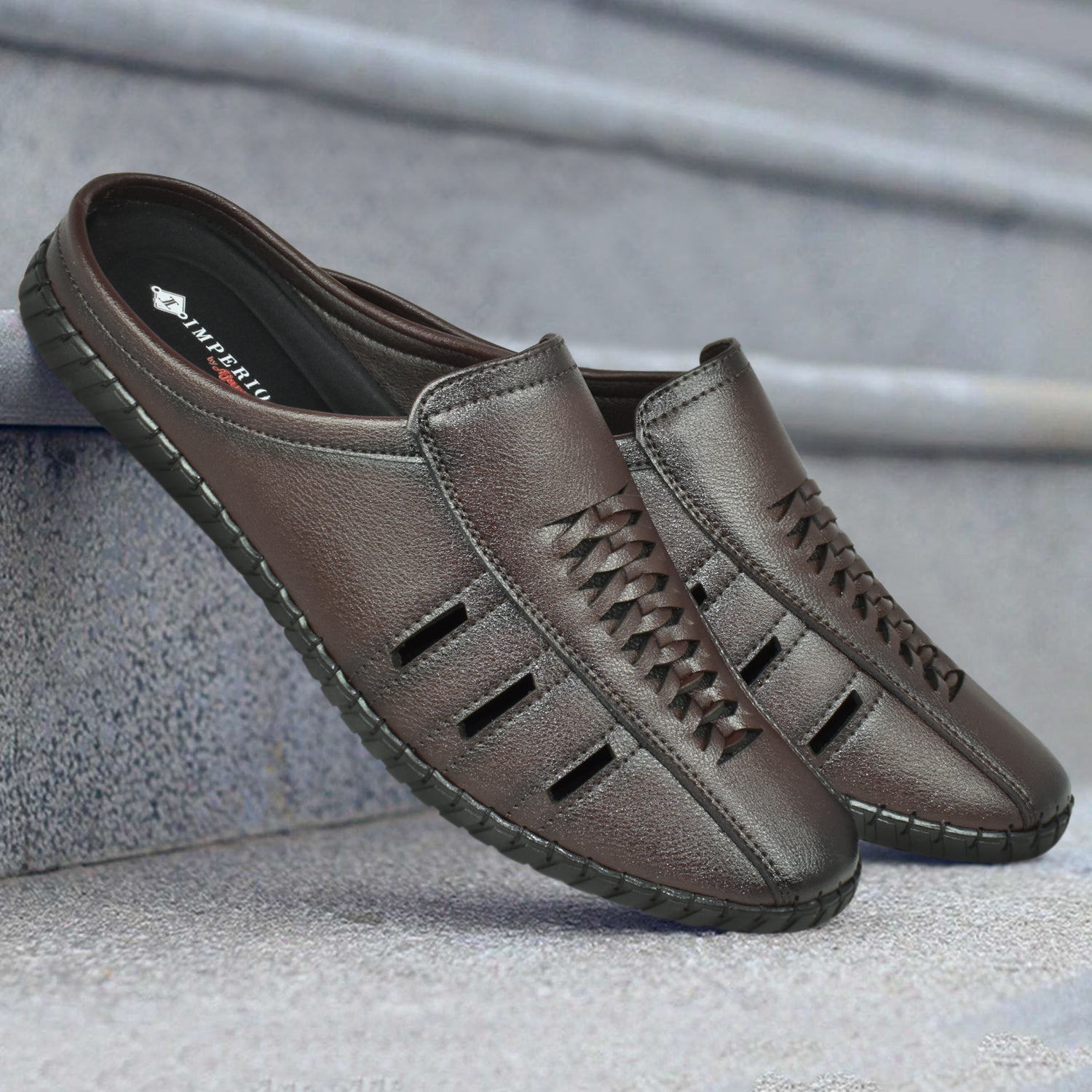 IMPERIO Men’s Brown Lightweight & Easy to Wear Cushioned Footbed Laser Cut Open Back Mules EG3039