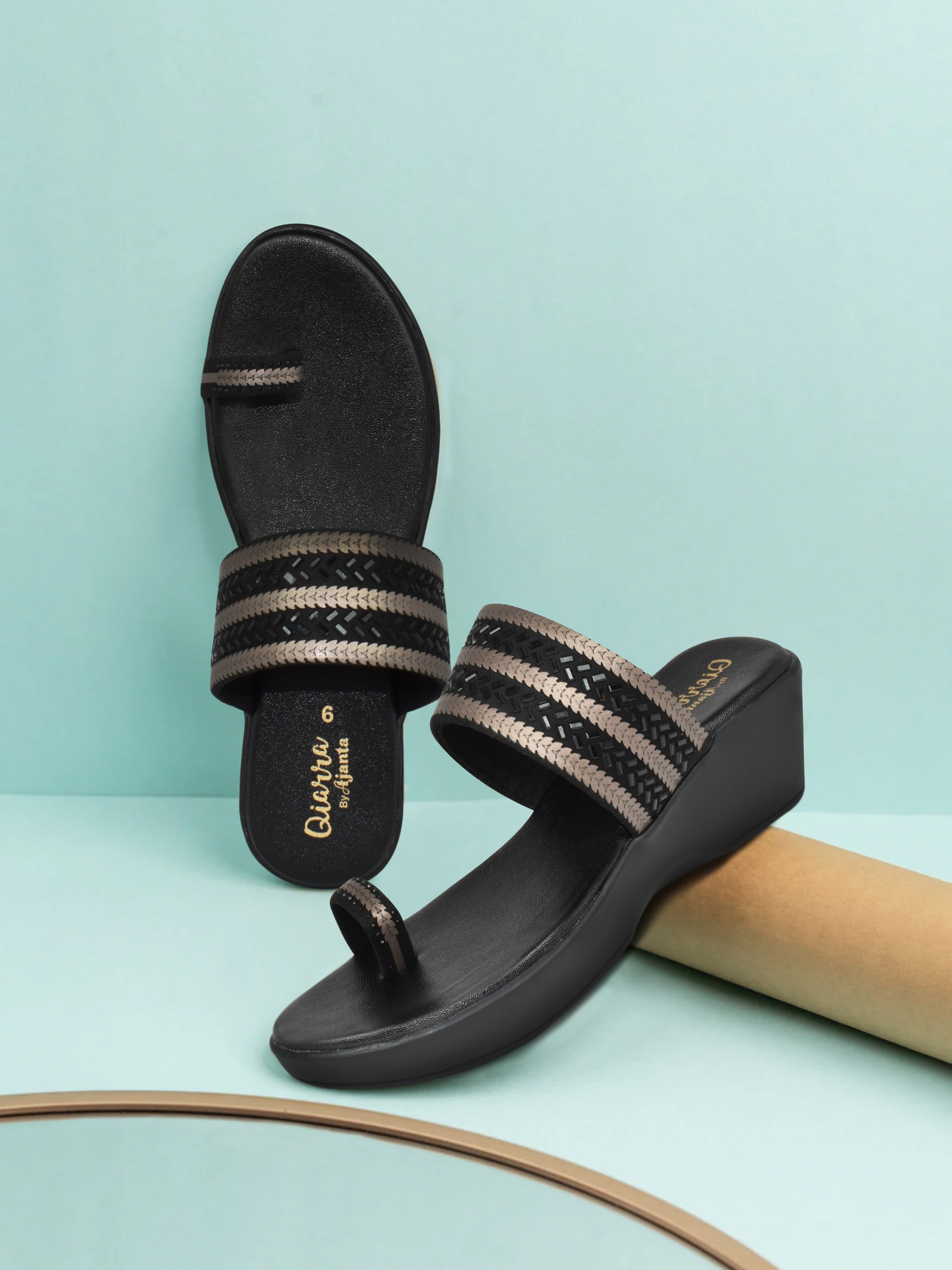 QIARRA Women's Black Embellished Rexine Upper, Cushioned Insole & AirMax Sole Toe Ring Wedge Sandal CL0925