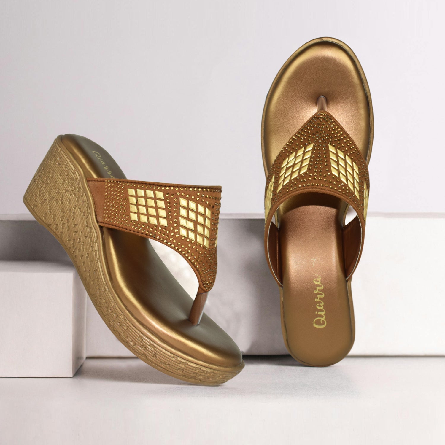 QIARRA Women's Shimmer Open Toe Comfortable Wedge Heel Fashion Sandals for Casual, Outdoor and Party EL1043