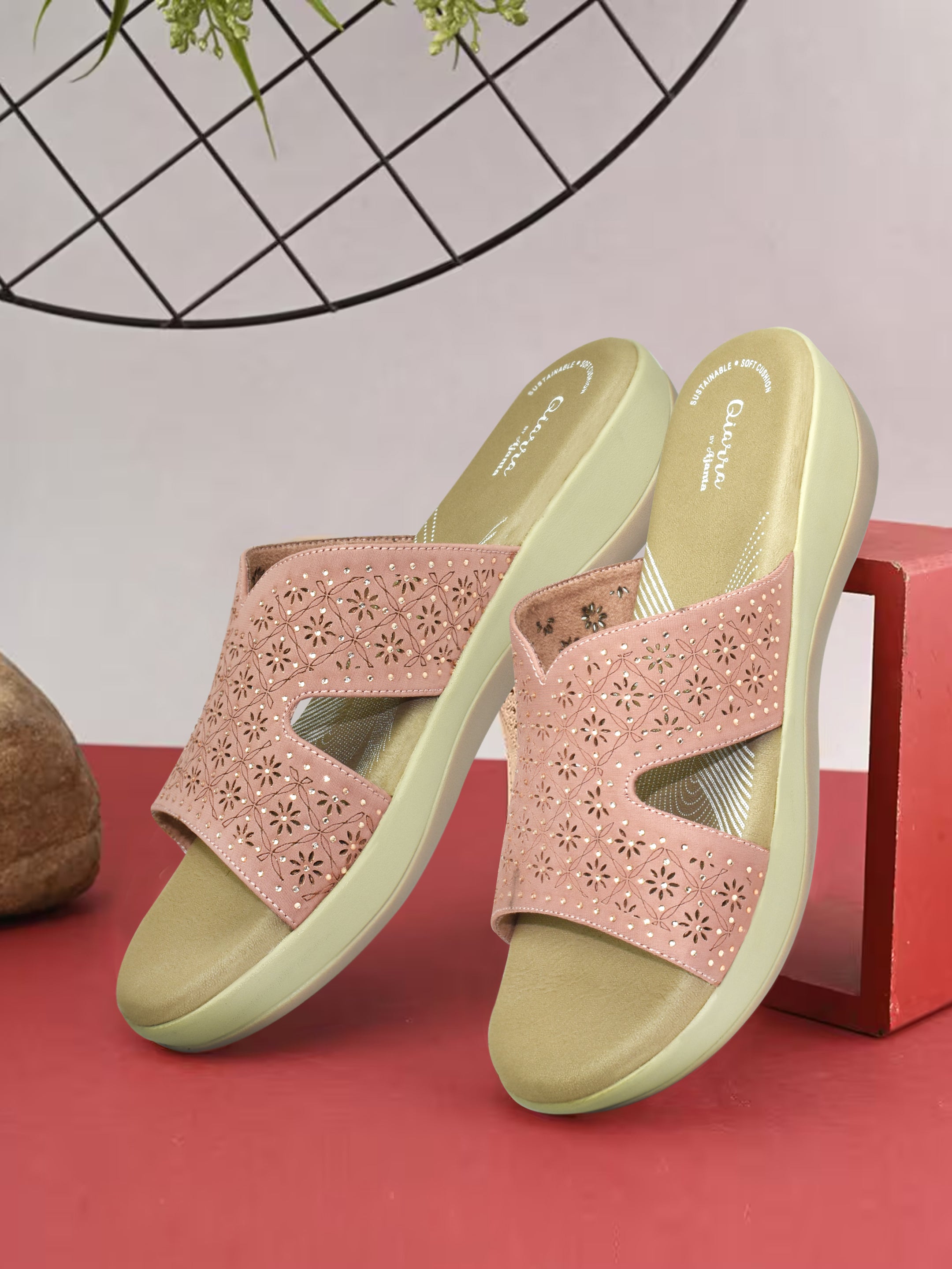 QIARRA Women's Pink  Embellished & Laser Cut Rexine Upper, Cushioned Insole, AirMax Sole Open Toe Sandal ML0900