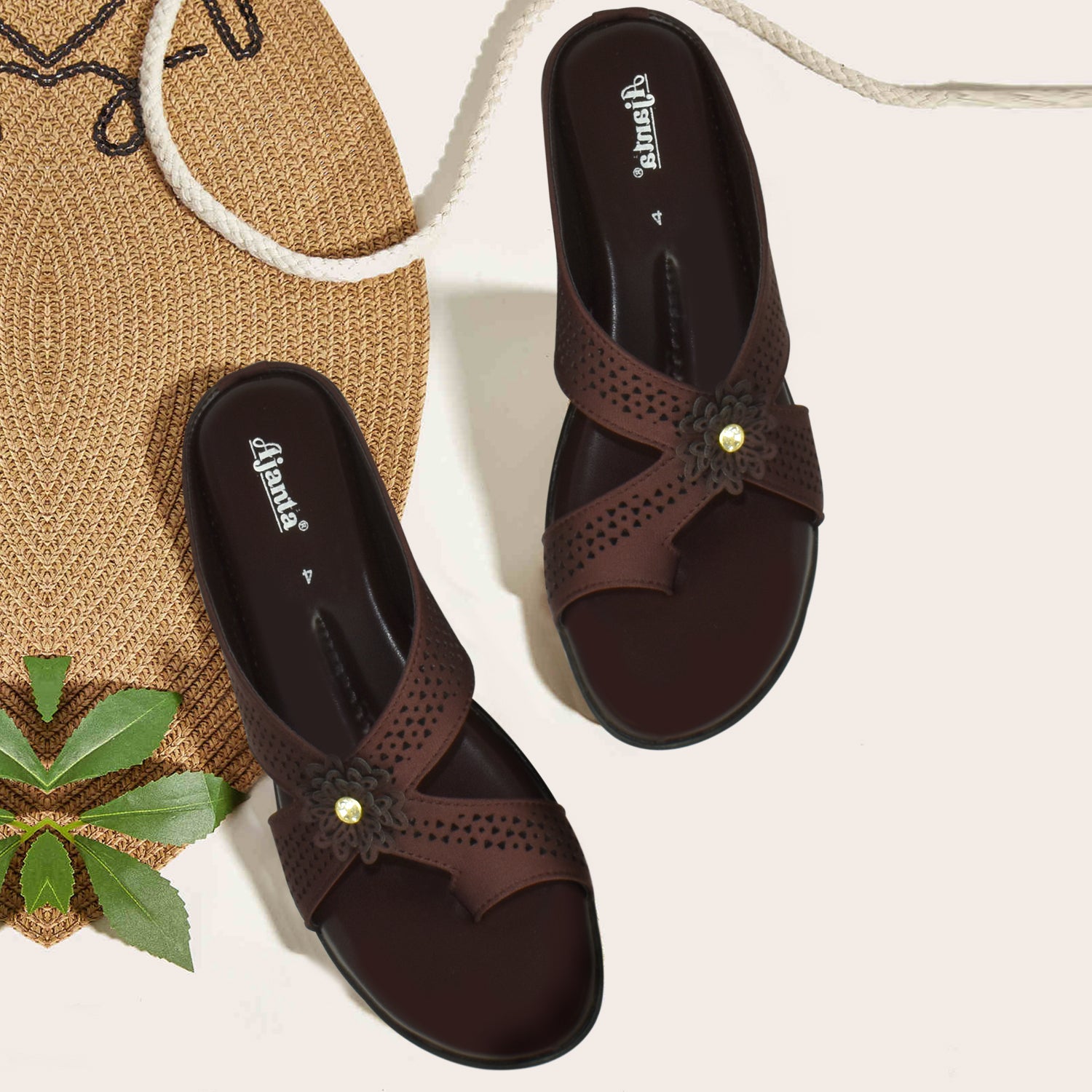 Ajanta Brown Thong Style Laser Cut Slip-on Flat Sandal for Women EL3024