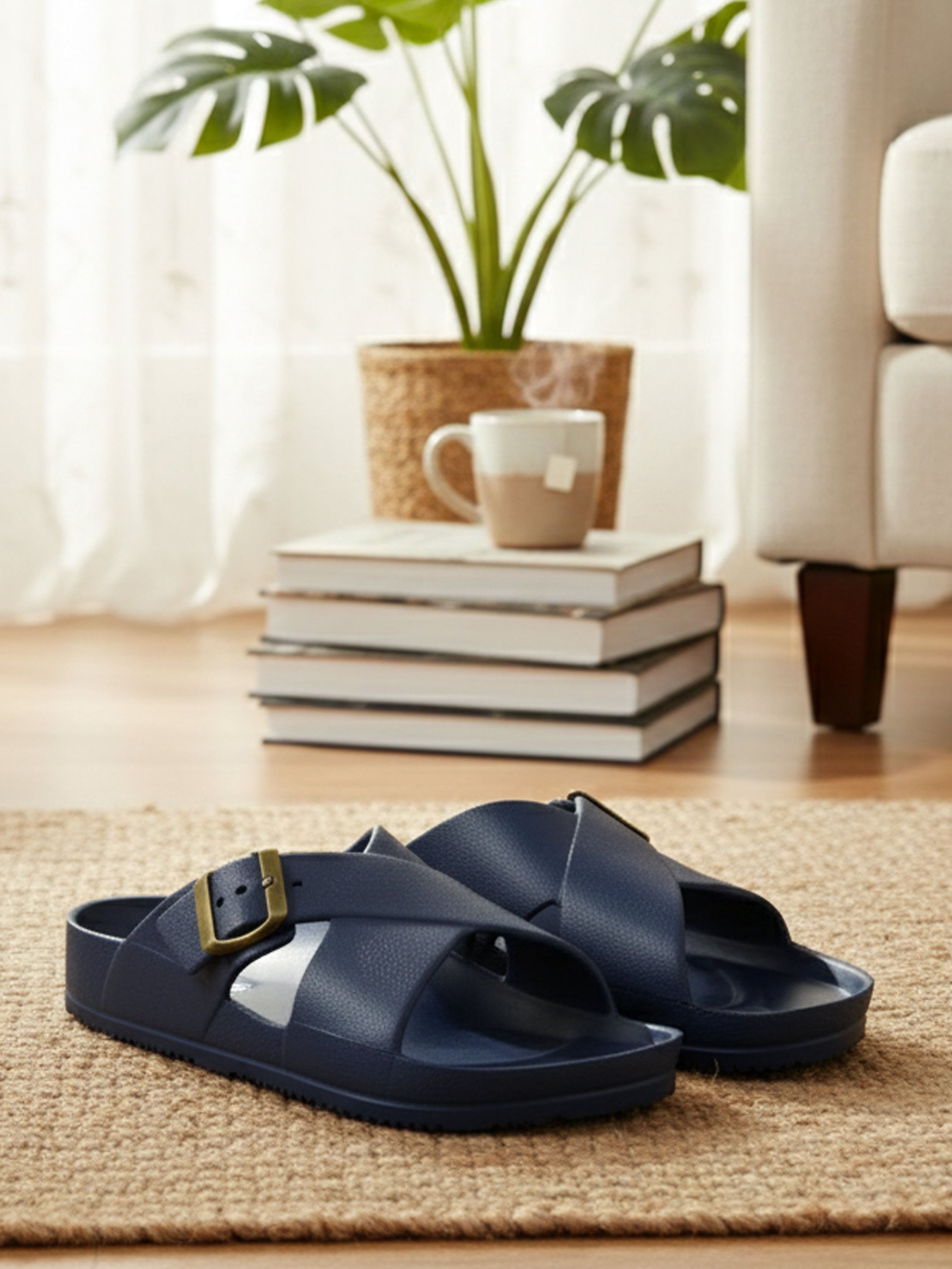 Ajanta Men’s Adjustable Buckle Slippers – Lightweight EVA Molded Orthopedic Slip-Ons for All-Day Comfort (Blue)-EG3048