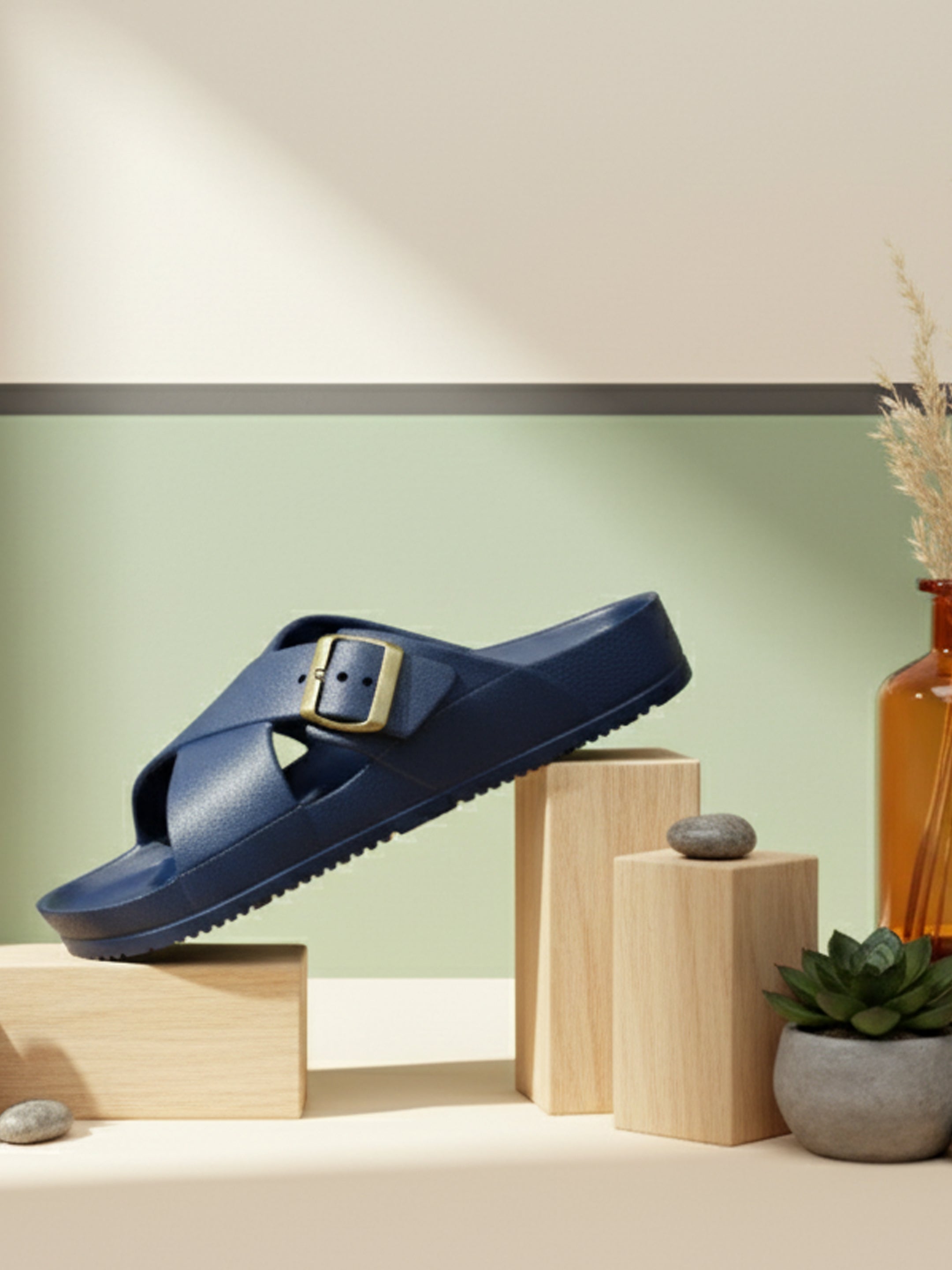 Ajanta Men’s Adjustable Buckle Slippers – Lightweight EVA Molded Orthopedic Slip-Ons for All-Day Comfort (Blue)-EG3048