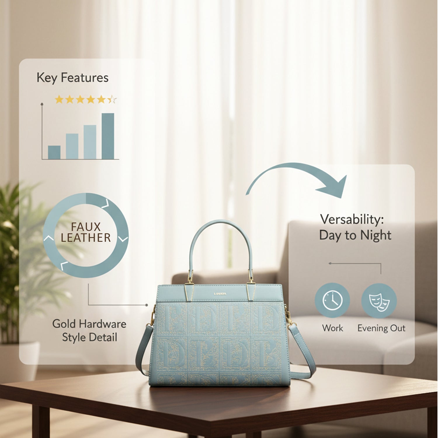 QIARRA by Ajanta Blue Synthetic Handbag for Women | 2 Compartments | Detachable Sling Strap | Stylish Daily Use Bag-VB8018