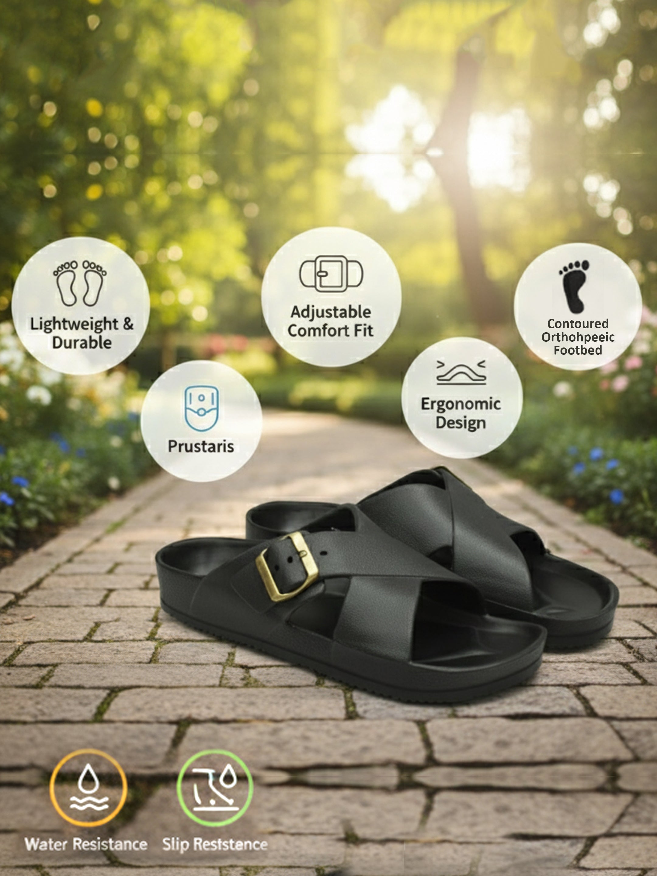 Ajanta Men’s Adjustable Buckle Slippers – Lightweight EVA Molded Orthopedic Slip-Ons for All-Day Comfort (Black)-EG3047