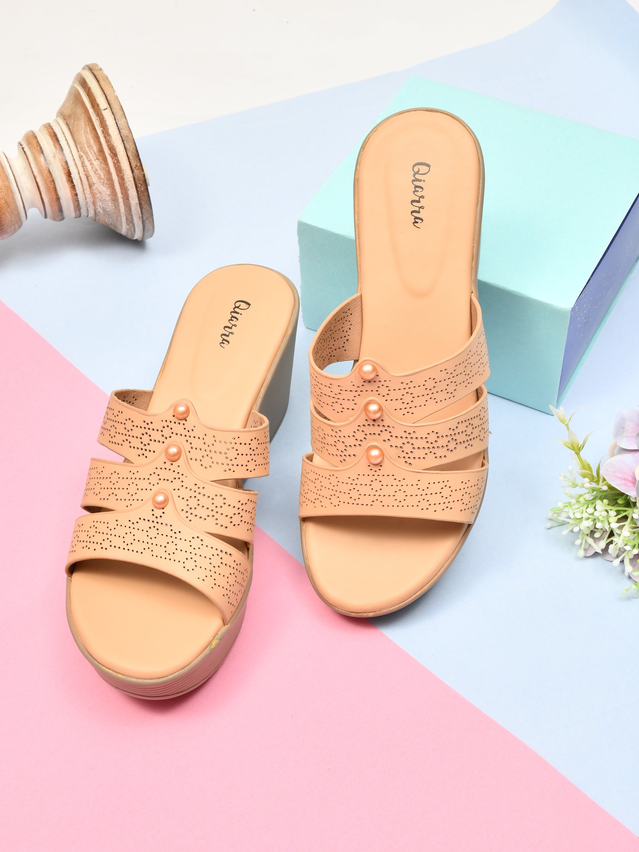 QIARRA by Ajanta Women’s Beige Slip-On Wedge Sandals