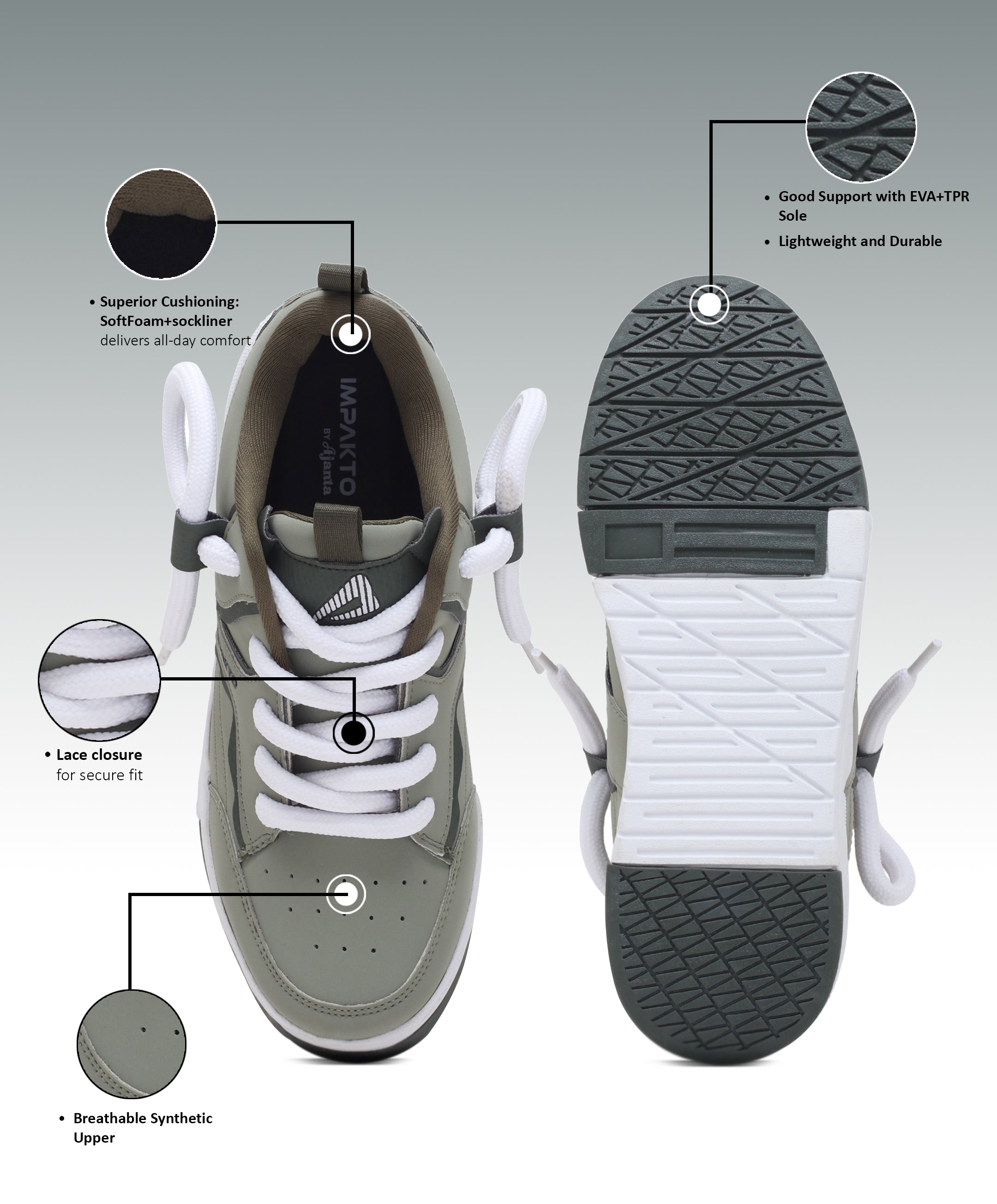 Impakto Men's Fashionable Casual Sneaker Shoes with Synthetic Upper Lightweight Comfortable Mid Top, Extra Soothing Insole & Impact-Resistant Comfort