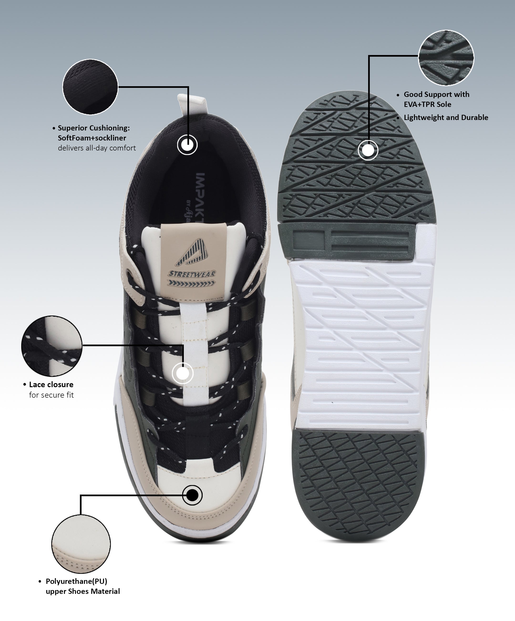 Impakto Men's Trendy Casual Sneaker Shoes, Attractive Rounded Front, Cushioned Insole with Dynamic Feet Support for Extra comfort, Slip-Resistant Sole