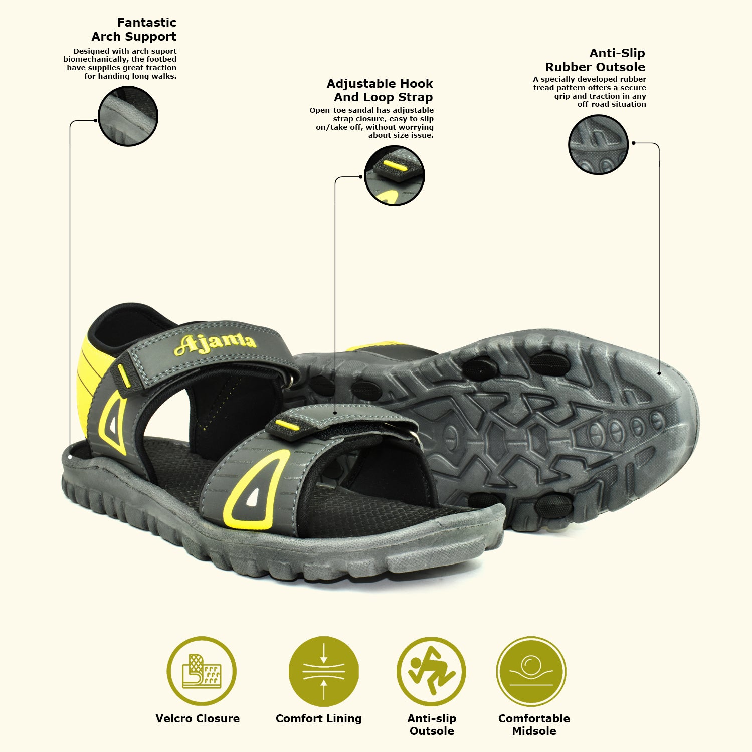 Ajanta Men's Grey Slip-On Outdoor Sandals | Durable Synthetic Upper | Lightweight EVA Sole | Comfortable Velcro Sandal EG2016