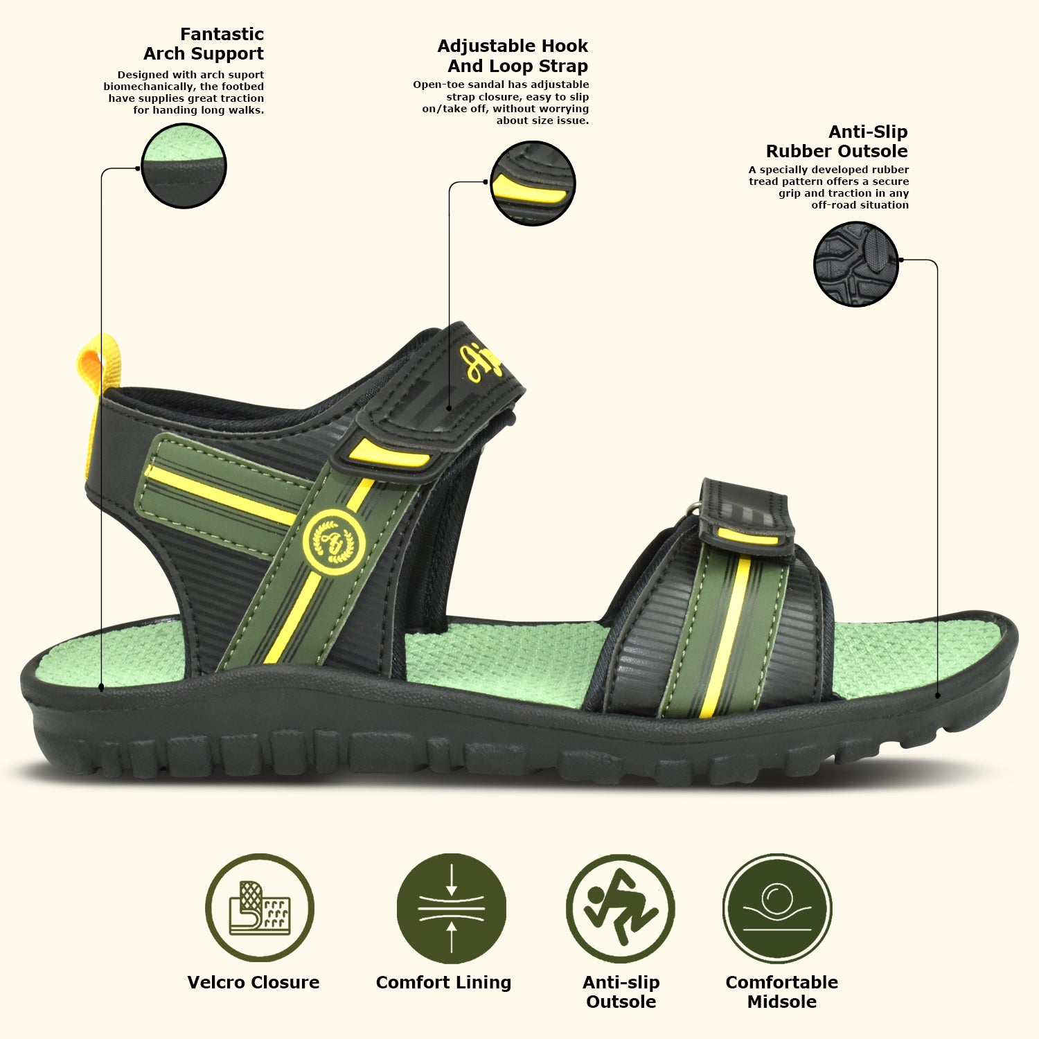 Ajanta Men's Black Slip-On Outdoor Sandals | Durable Synthetic Upper | Lightweight EVA Sole | Comfortable Velcro Sandal EG2017