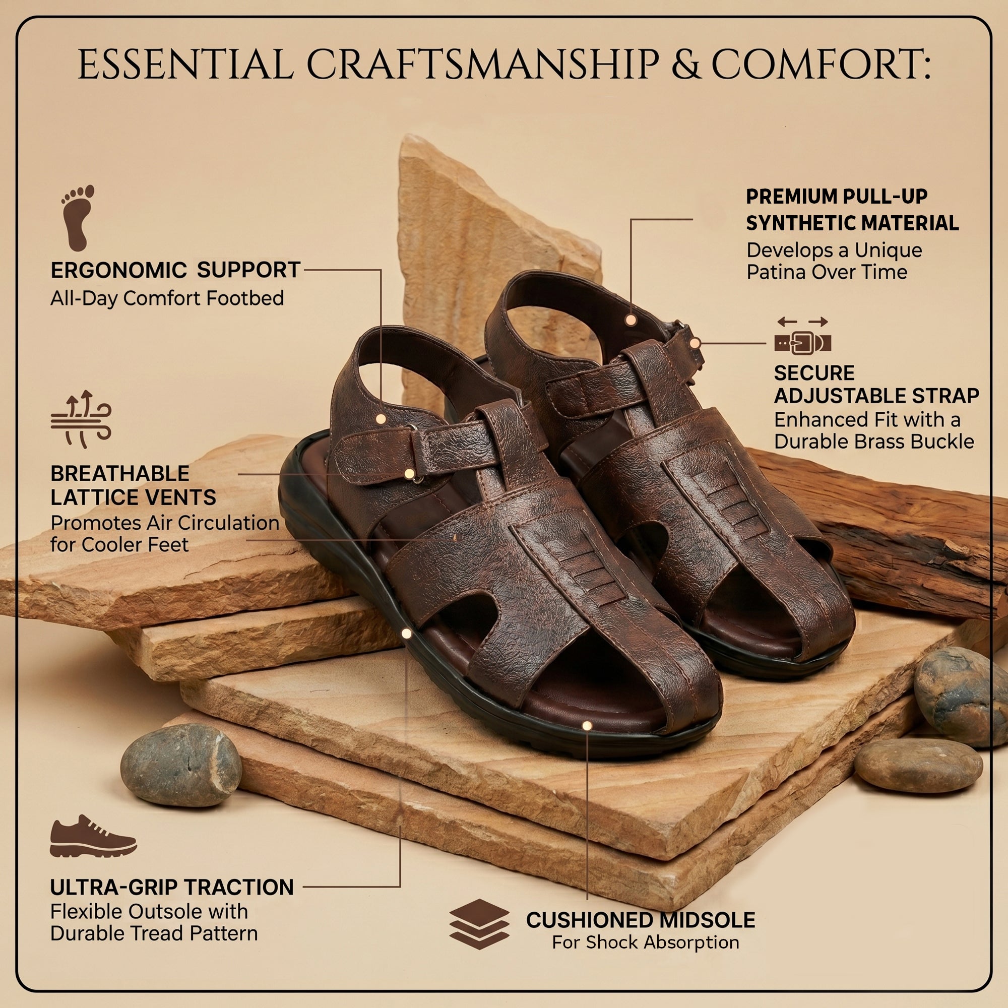 AJANTA Mens Comfort Velcro Sandals | Cushioned Footbed | Durable Sole