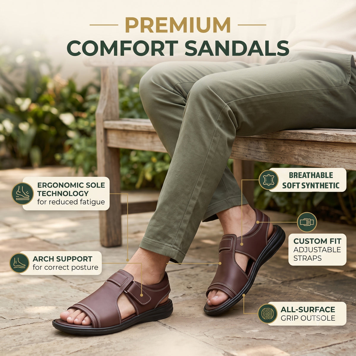 AJANTA Premium Adjustable Sandals For Men | Lightweight Breathable Walking Footwear | Comfortable Velcro Straps Sandal Cushioned Open Toe For Daily Wear Office, Travel, Outdoor & Ethnic Puja Sandals
