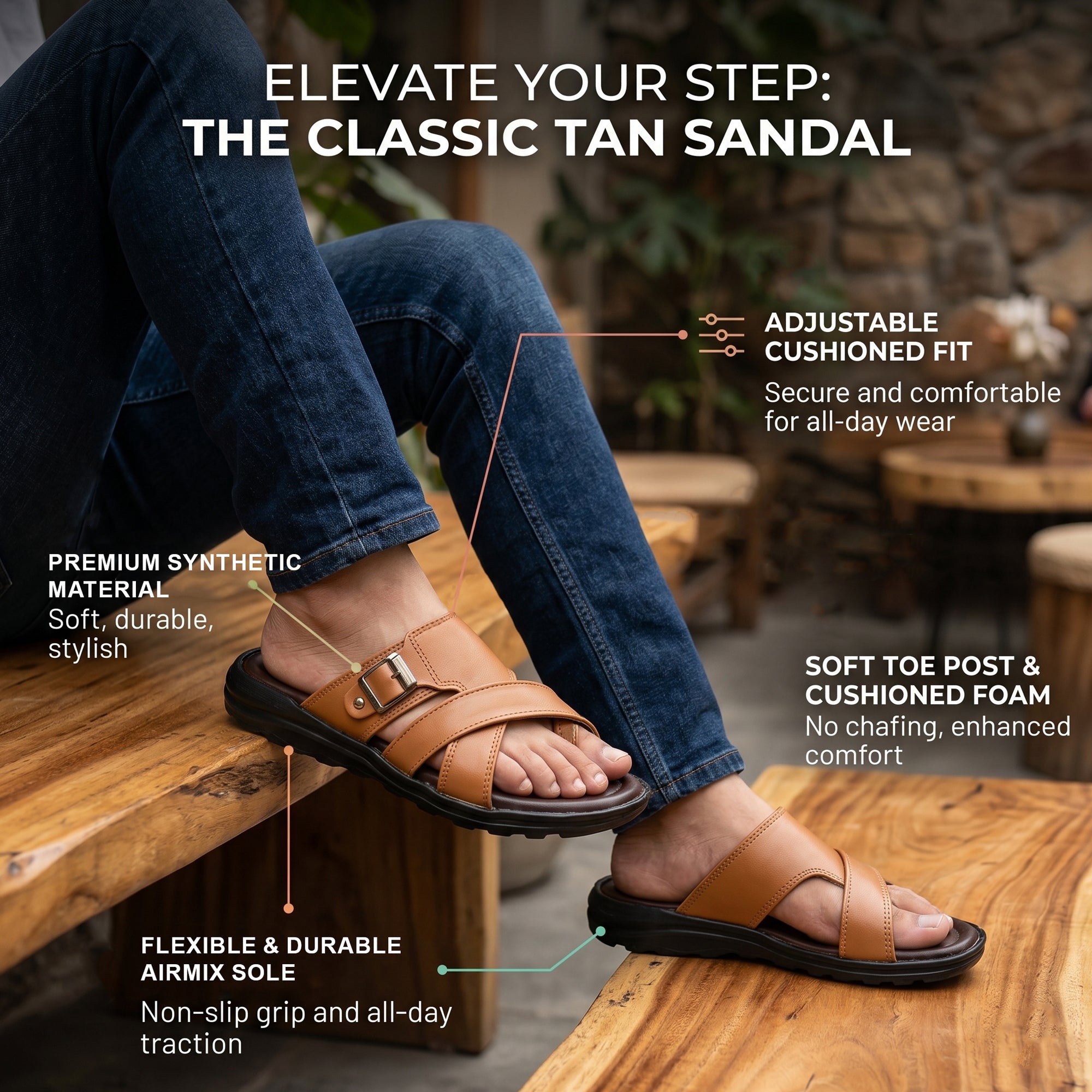 AJANTA Men Comfort Sandals | Lightweight Casual Daily Wear Footwear (Tan)