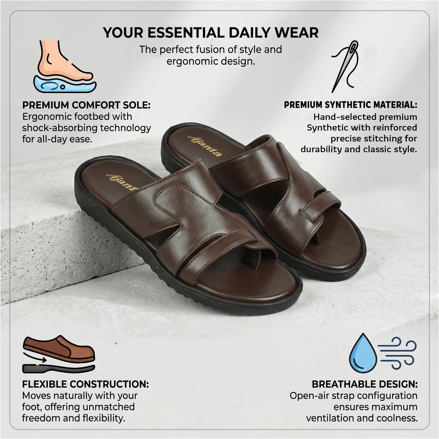 AJANTA Men Lightweight Comfort Sandals | Flexible Sole | Casual Wear (Brown)
