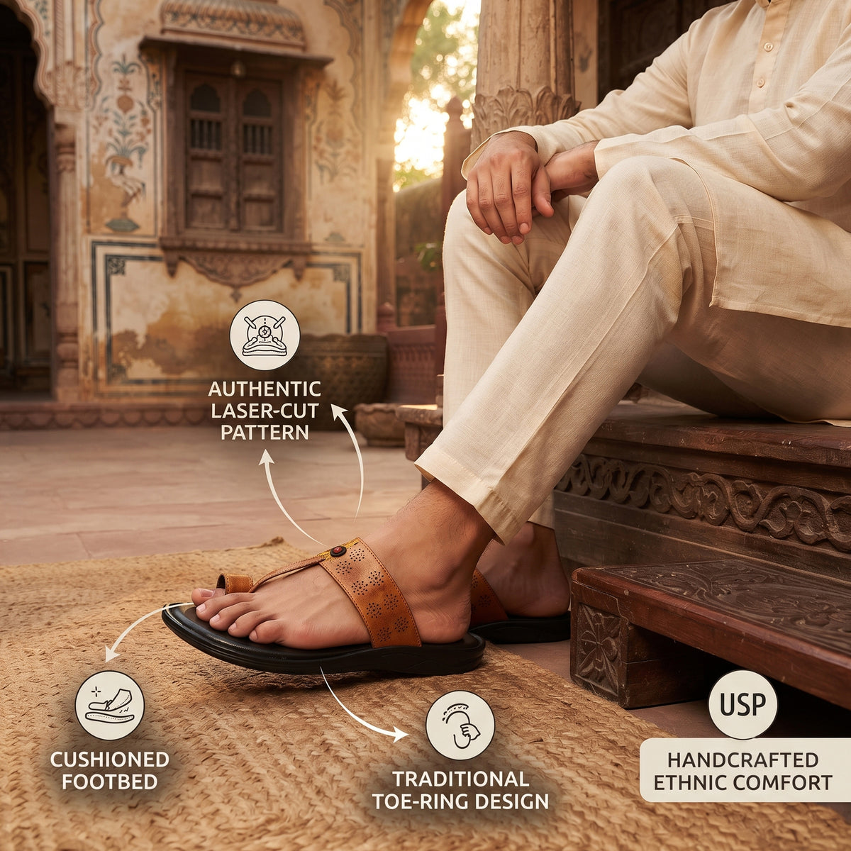 AJANTA Lightweight Kolhapuri Chappal For Men | Traditional Ethnic Toe Ring Sandals | Comfortable Cushioned Anti-Skid Chappal | Daily Wear, Wedding, Puja & Special Occasions Casual Footwear for Men